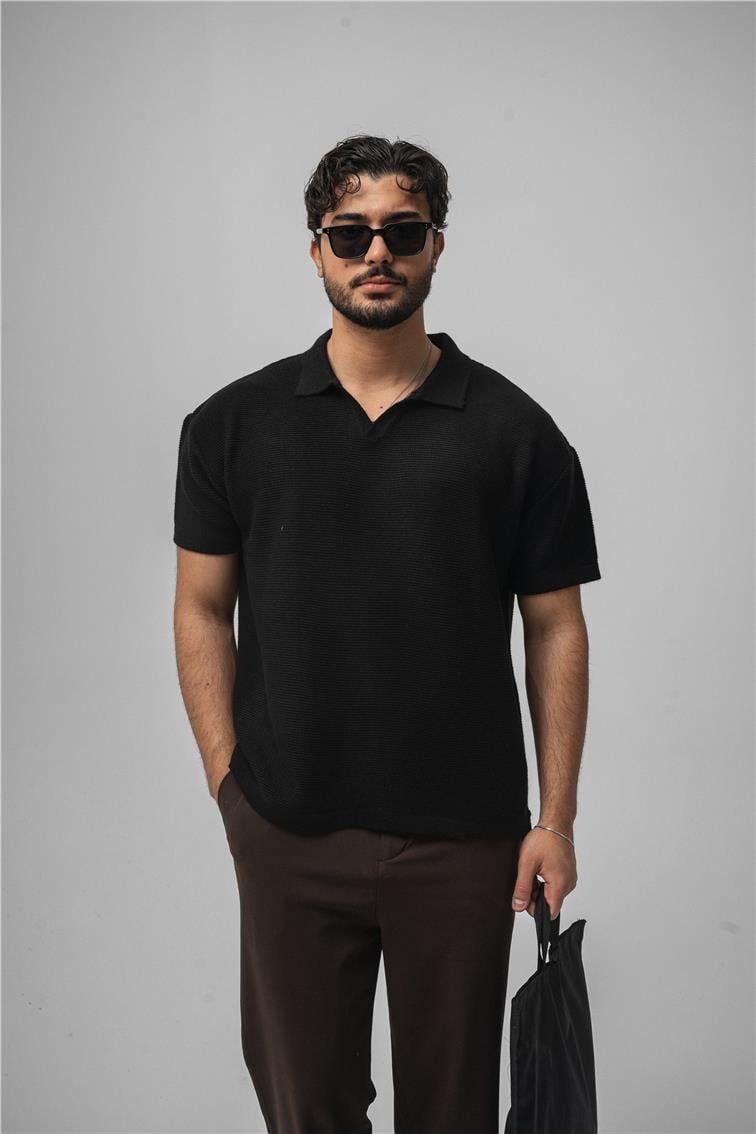 Knit Oversize Polo Yaka Siyah