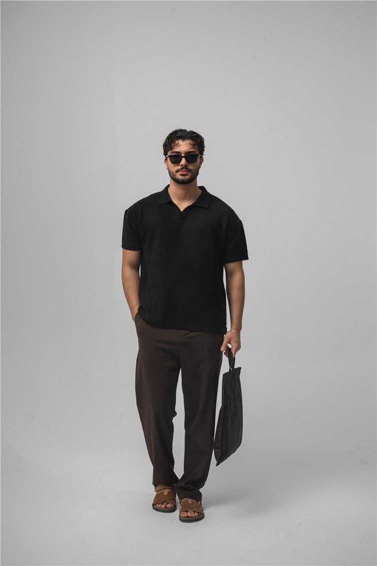 Knit Oversize Polo Yaka Siyah