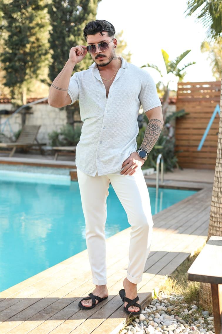 Kollar Katlı Dar Slim Fit Kısa Kol Gömlek Gri