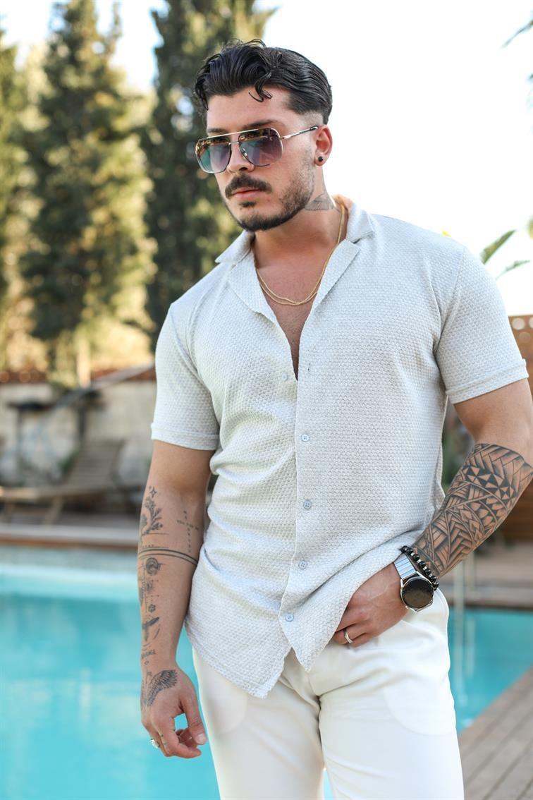 Kollar Katlı Dar Slim Fit Kısa Kol Gömlek Gri
