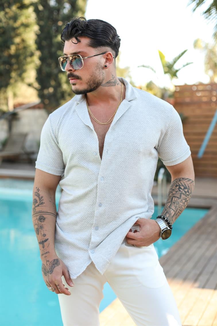Kollar Katlı Dar Slim Fit Kısa Kol Gömlek Gri