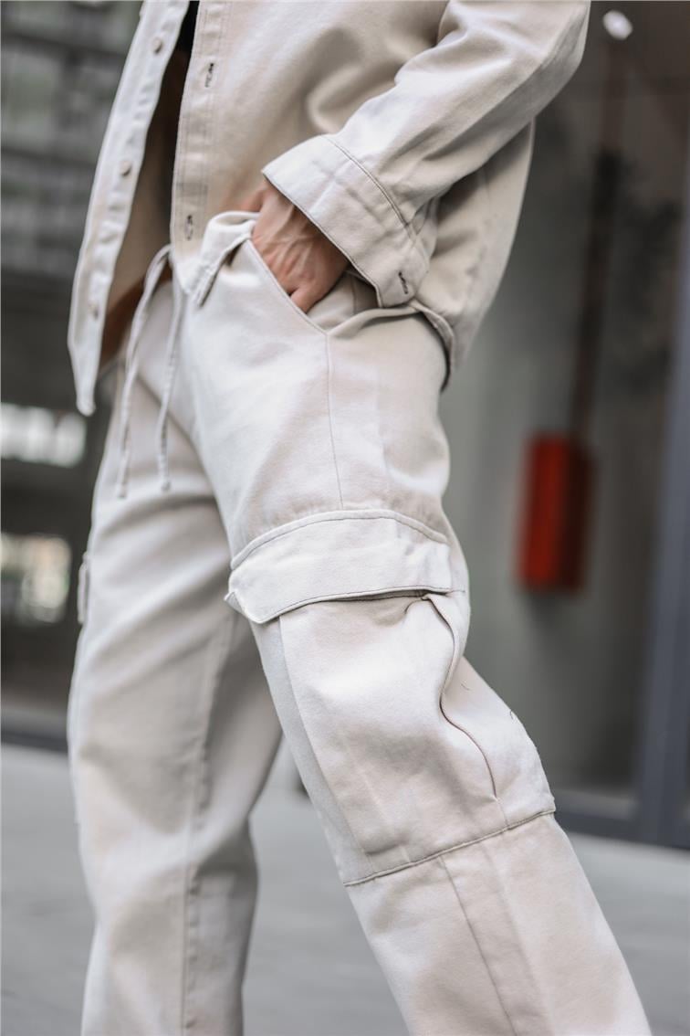 Kot Kargo Cepli Baggy Pantolon Krem