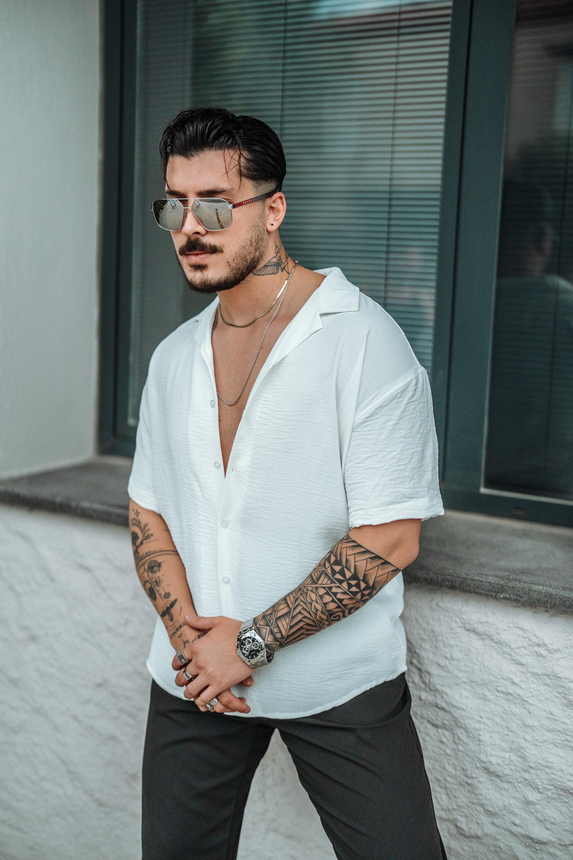 Krep Kumaş Oversize Kısa Kol Gömlek Beyaz