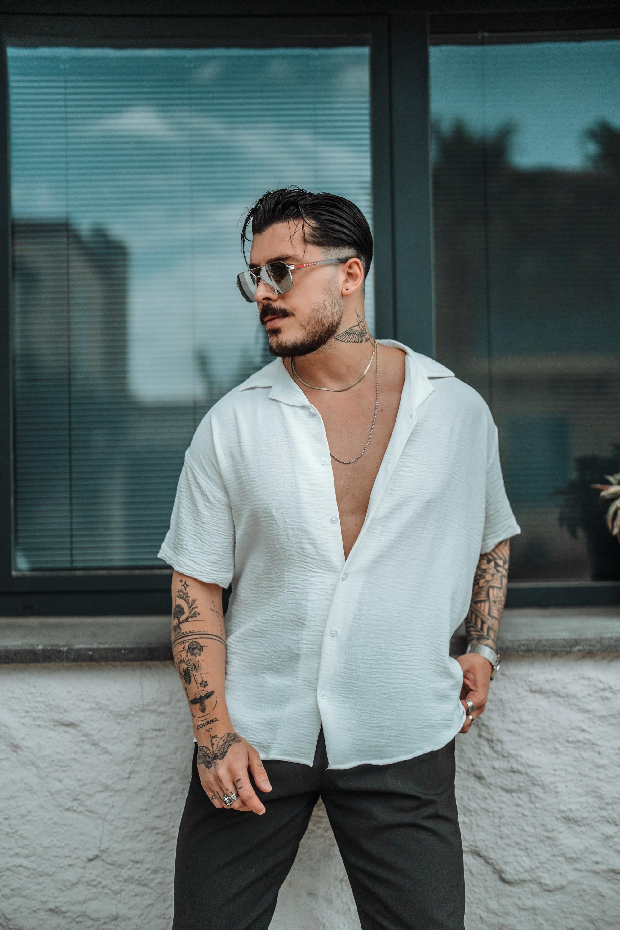 Krep Kumaş Oversize Kısa Kol Gömlek Beyaz