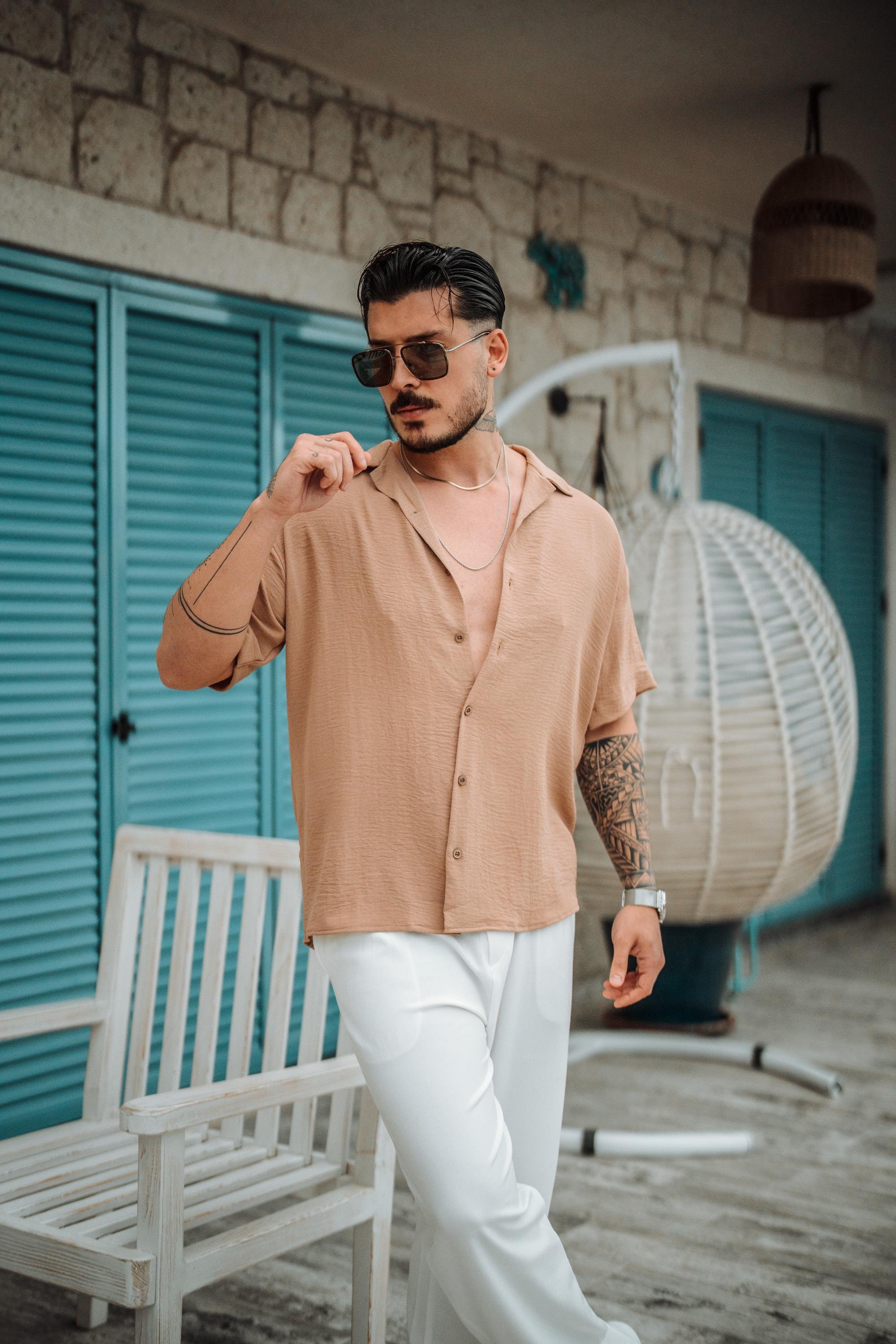 Krep Kumaş Oversize Kısa Kol Gömlek Bej