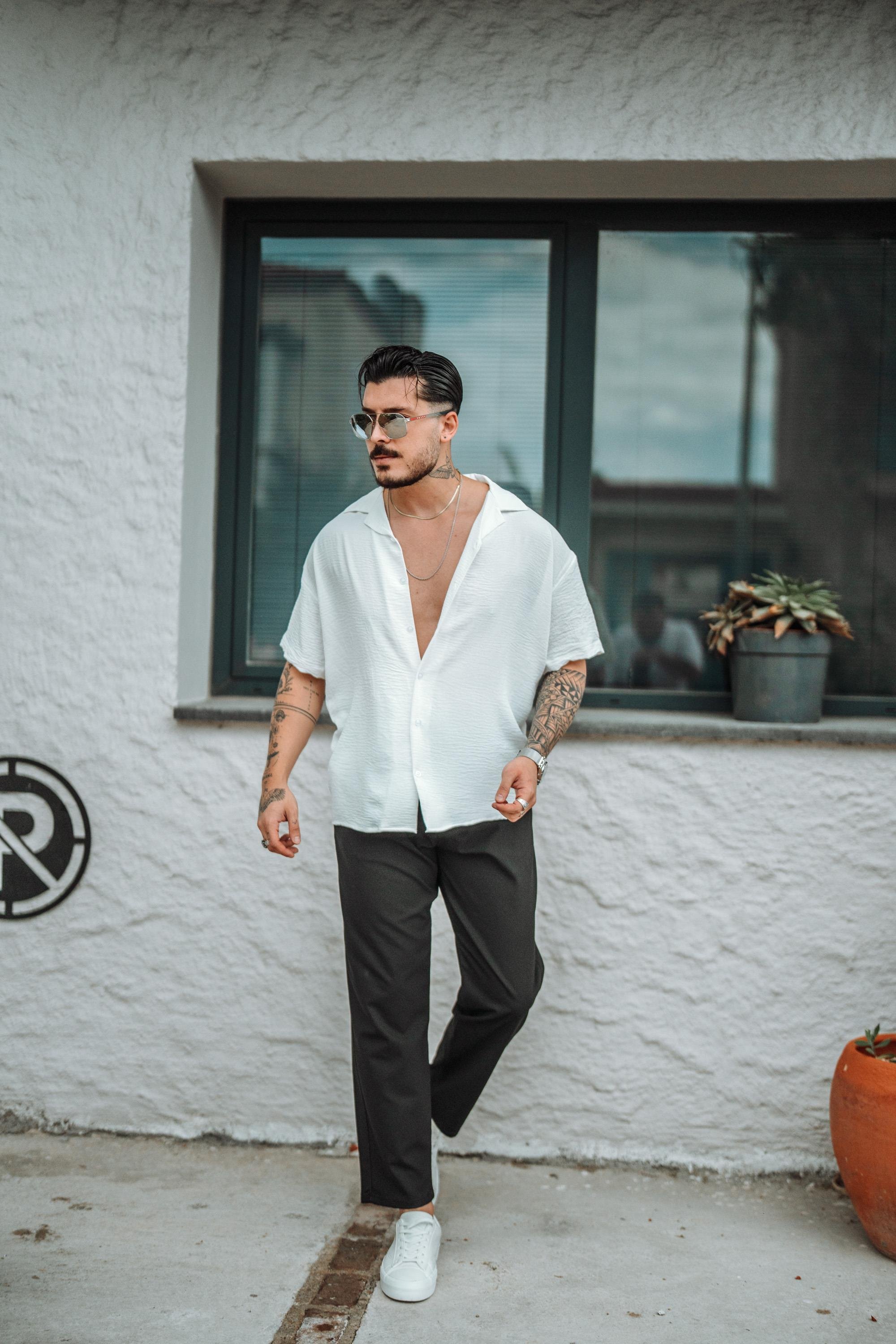 Krep Kumaş Oversize Kısa Kol Gömlek Beyaz