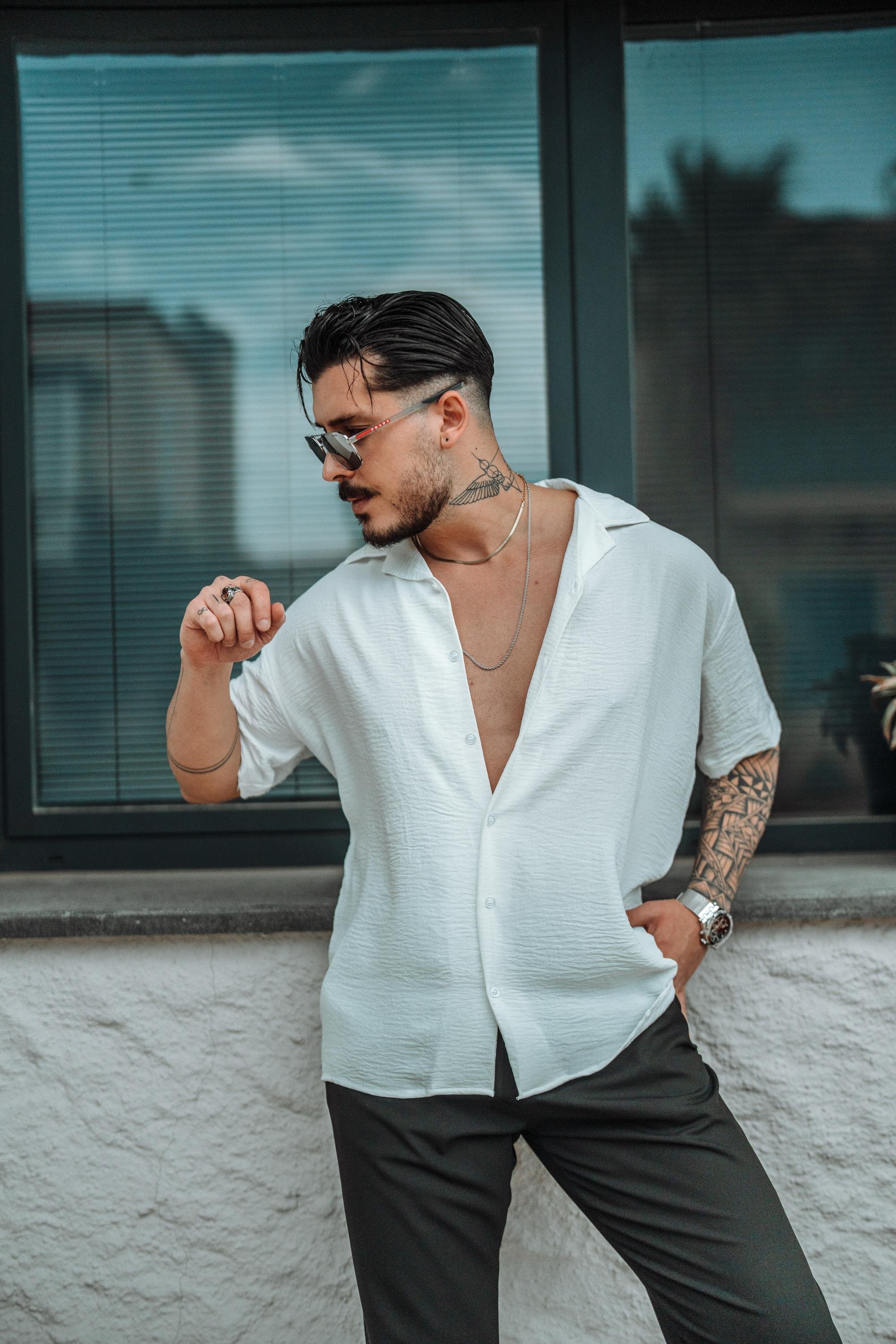 Krep Kumaş Oversize Kısa Kol Gömlek Beyaz