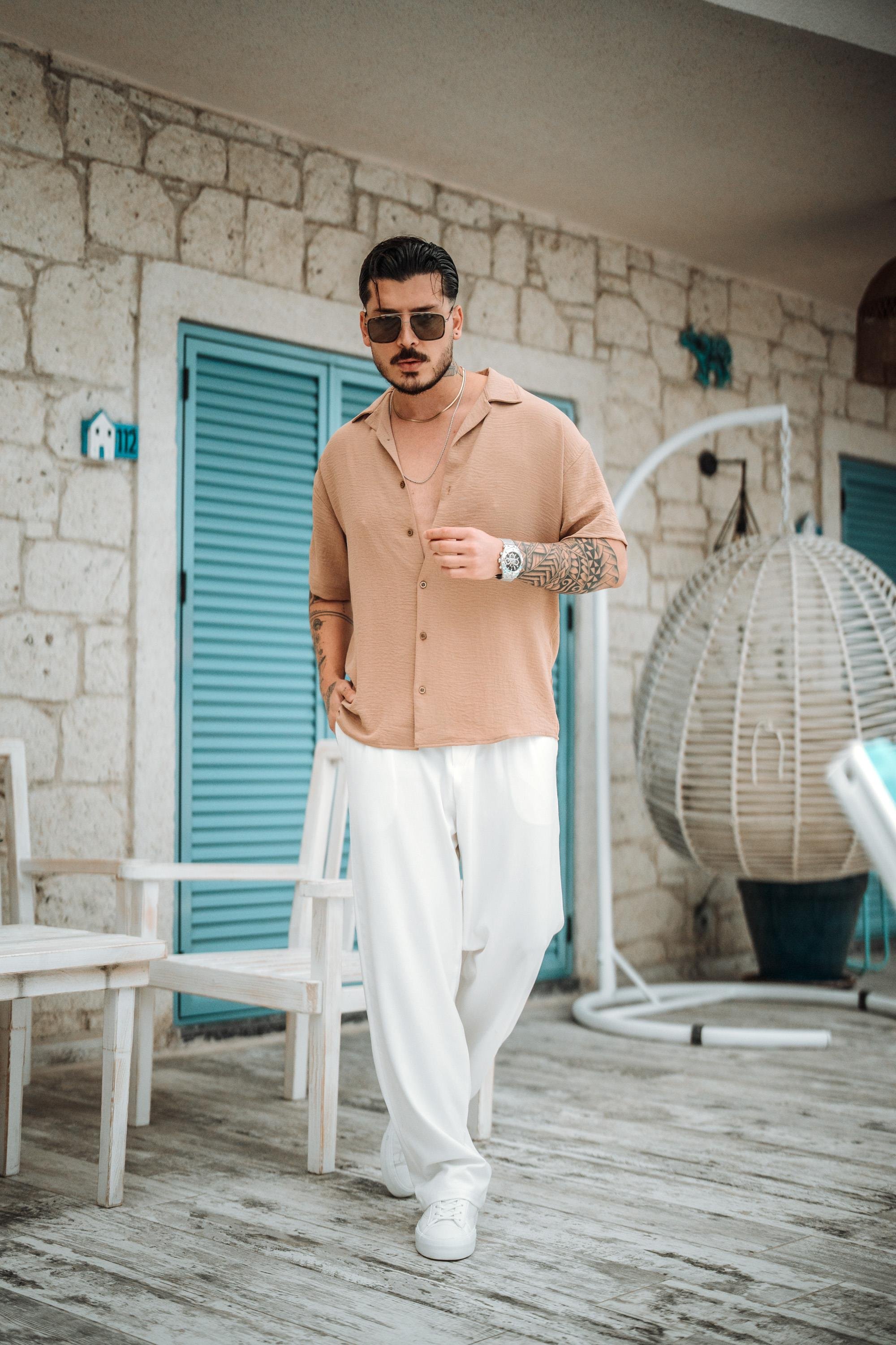 Krep Kumaş Oversize Kısa Kol Gömlek Bej