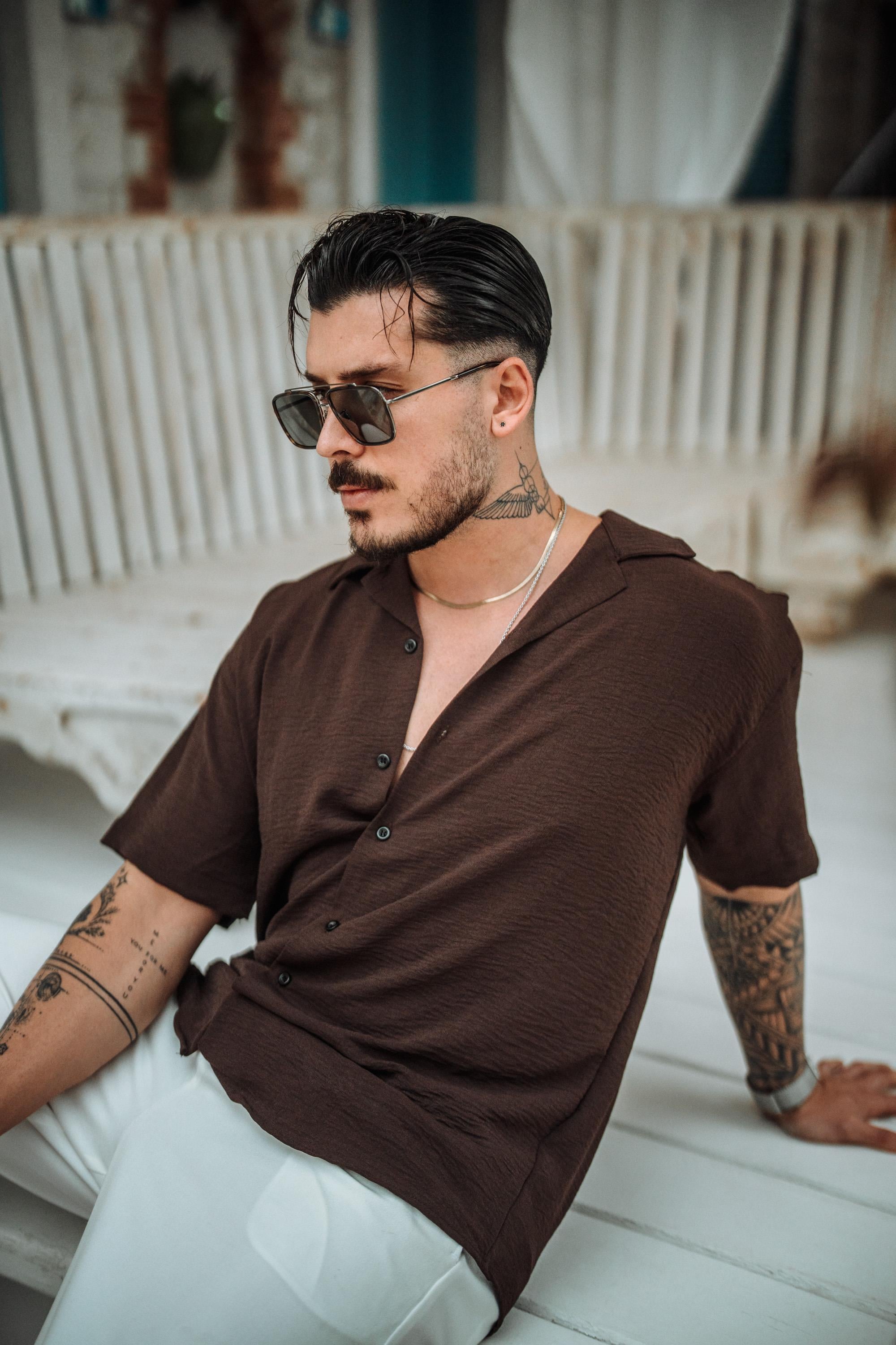 Krep Kumaş Oversize Kısa Kol Gömlek Koyu Kahve
