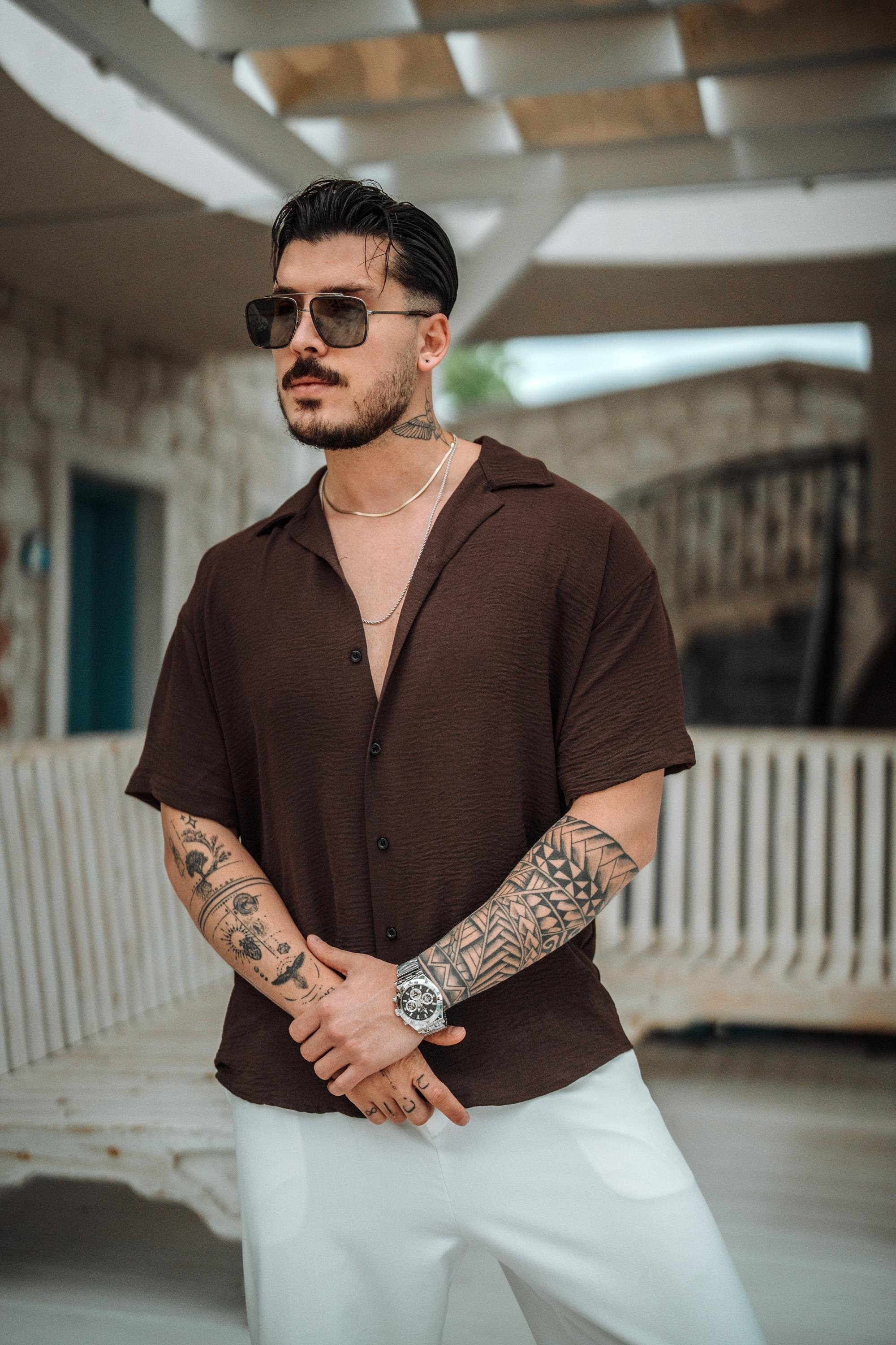 Krep Kumaş Oversize Kısa Kol Gömlek Koyu Kahve