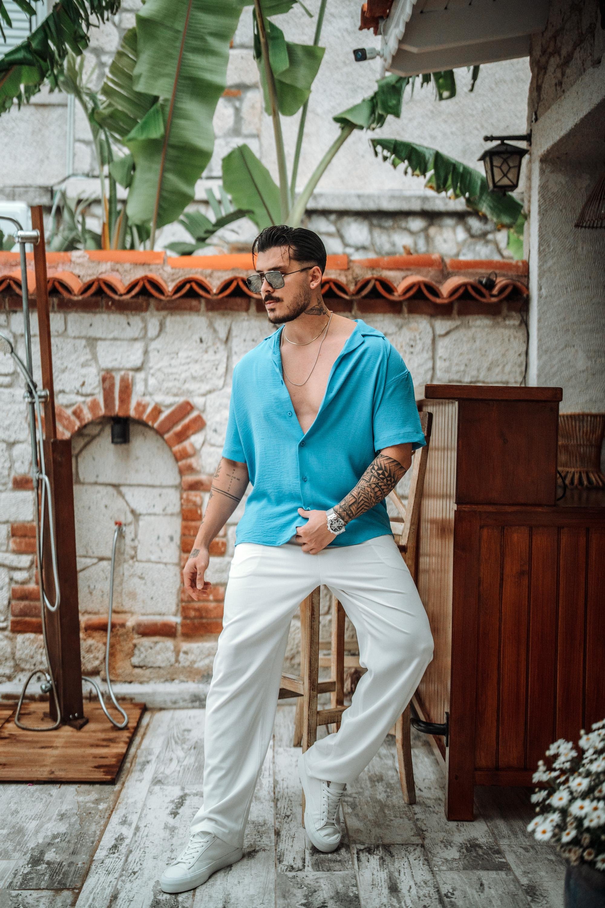 Krep Kumaş Oversize Kısa Kol Gömlek Mavi