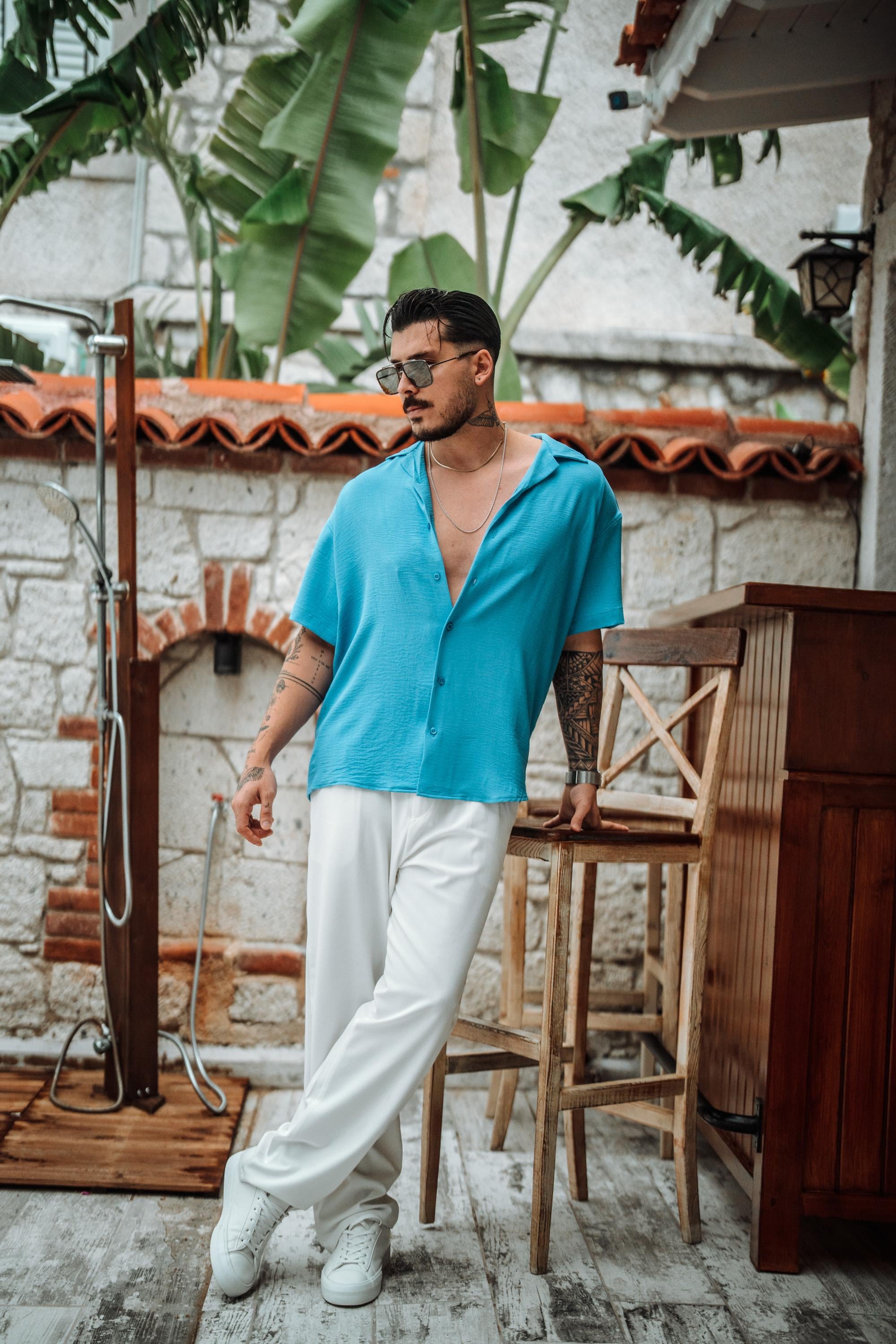 Krep Kumaş Oversize Kısa Kol Gömlek Mavi