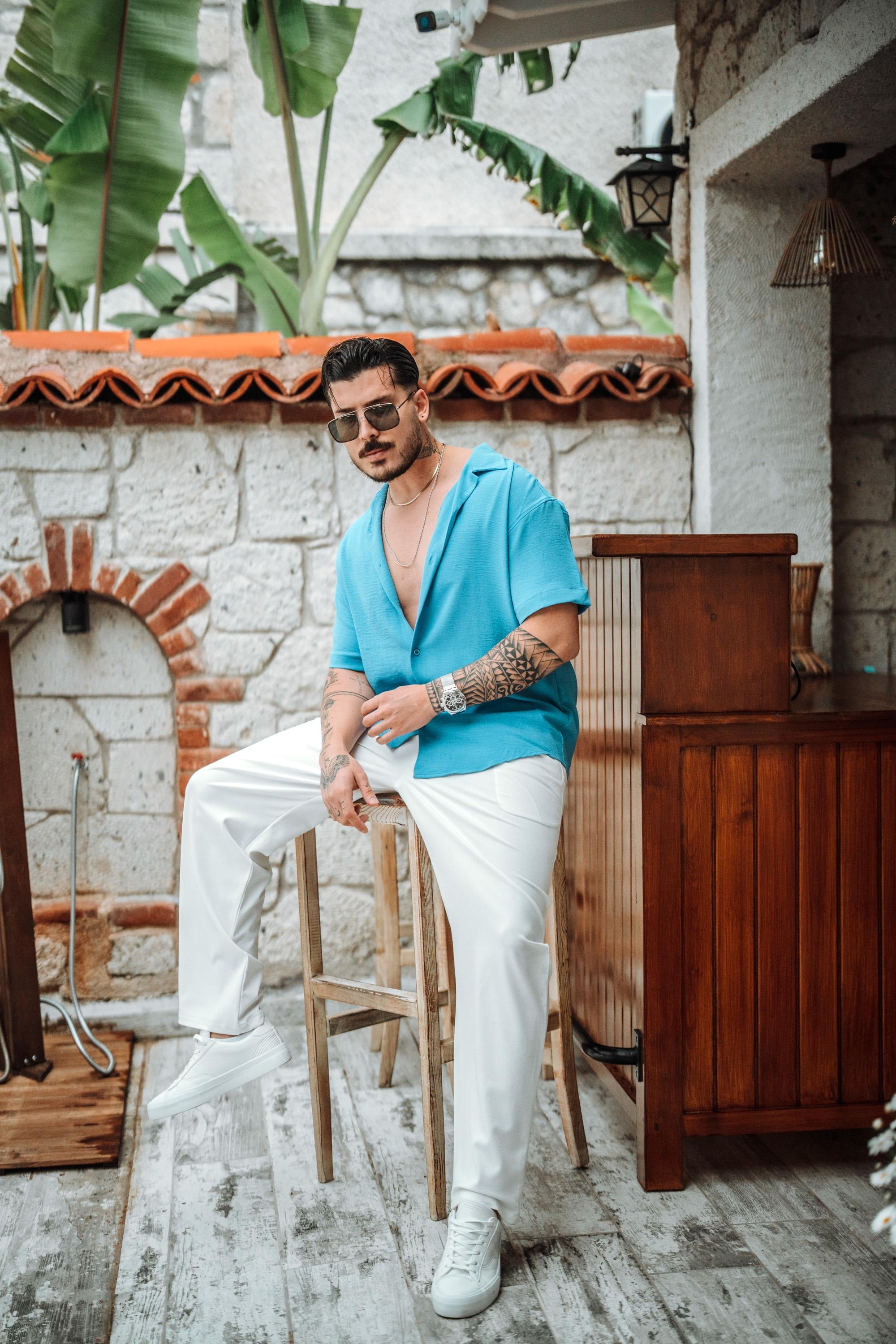 Krep Kumaş Oversize Kısa Kol Gömlek Mavi