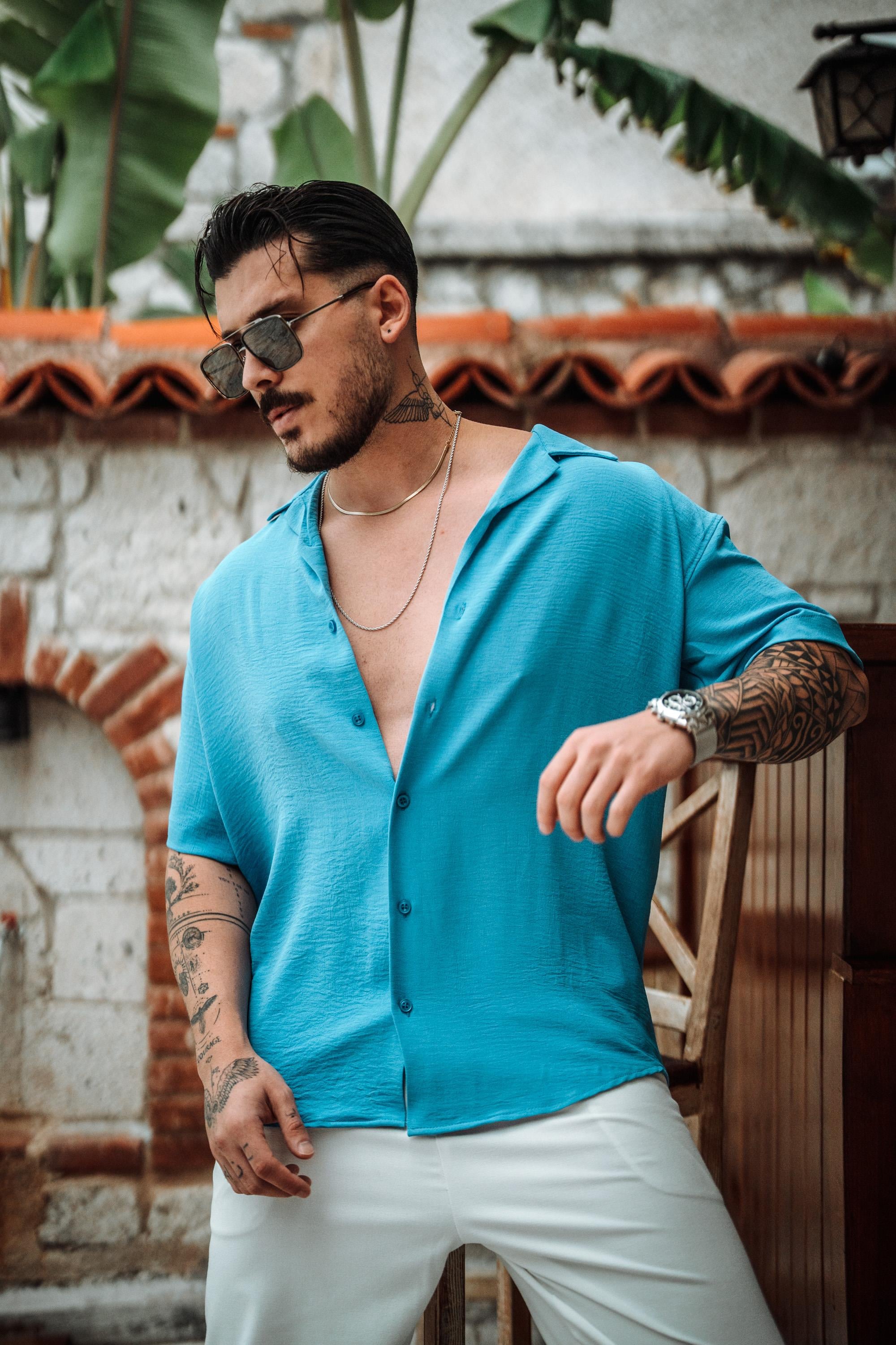 Krep Kumaş Oversize Kısa Kol Gömlek Mavi