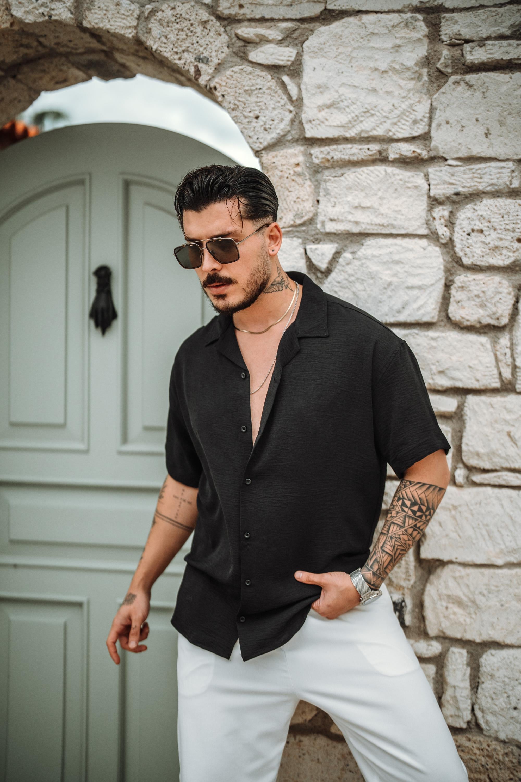 Krep Kumaş Oversize Kısa Kol Gömlek Siyah
