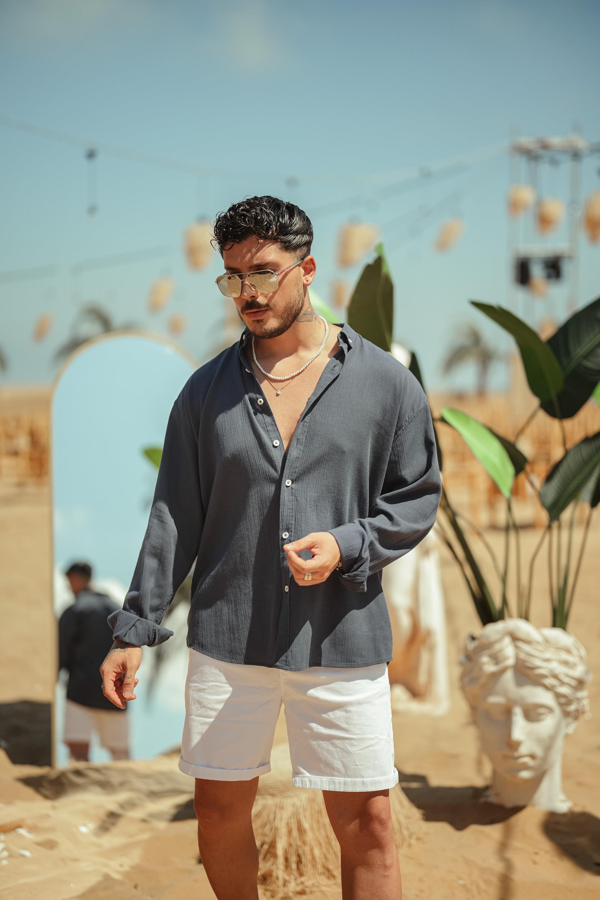 Krinkıl Oversize Gömlek Lacivert