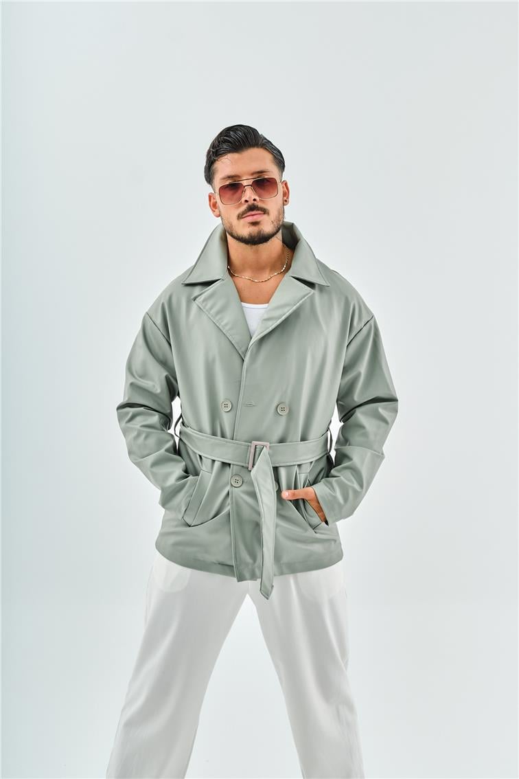 Kruvaze Düğmeli Deri Oversize Ceket Mint