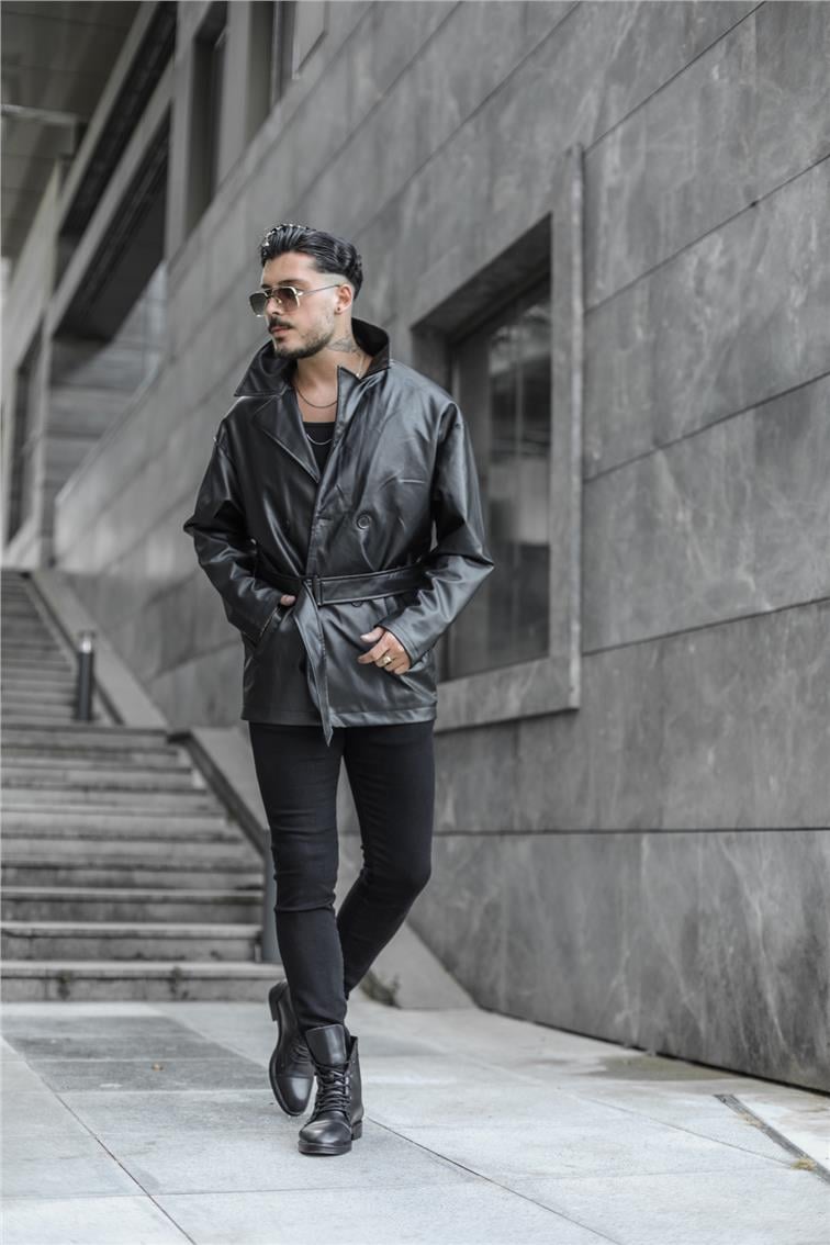 Kruvaze Düğmeli Deri Oversize Ceket Siyah