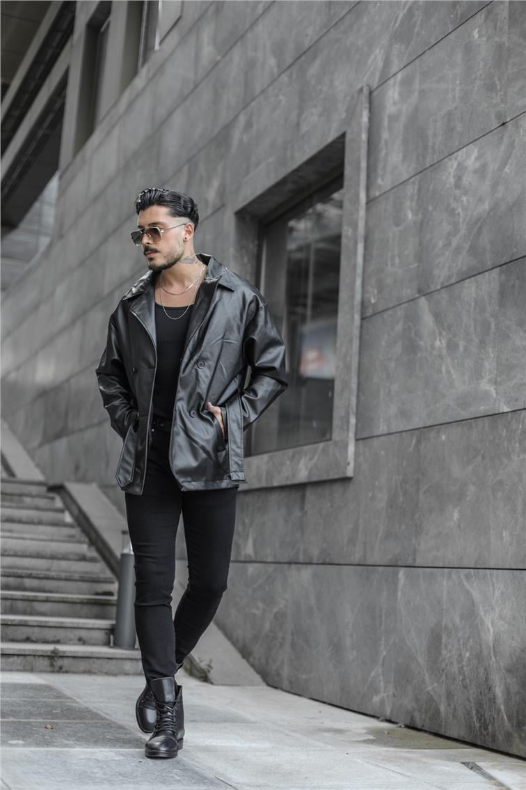 Kruvaze Düğmeli Deri Oversize Ceket Siyah