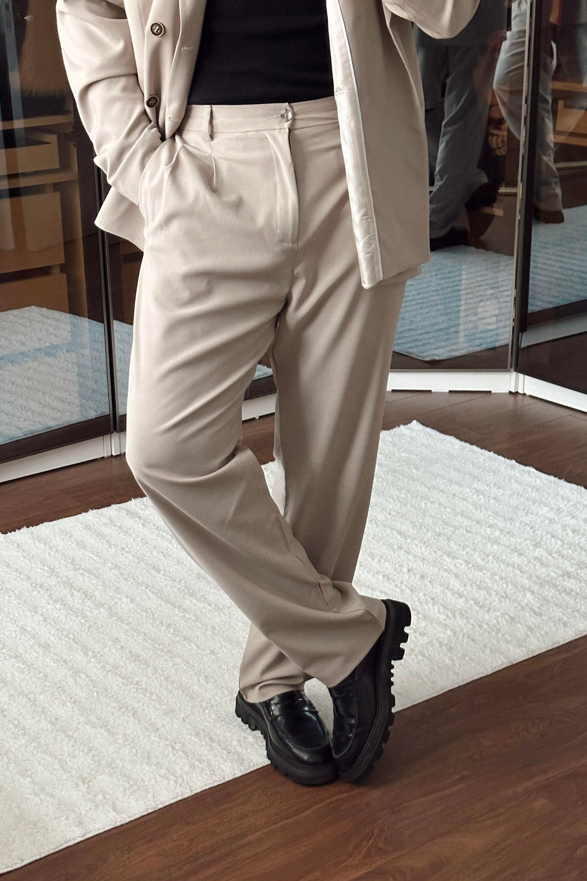 Kruvaze Oversize Casual Takım Krem