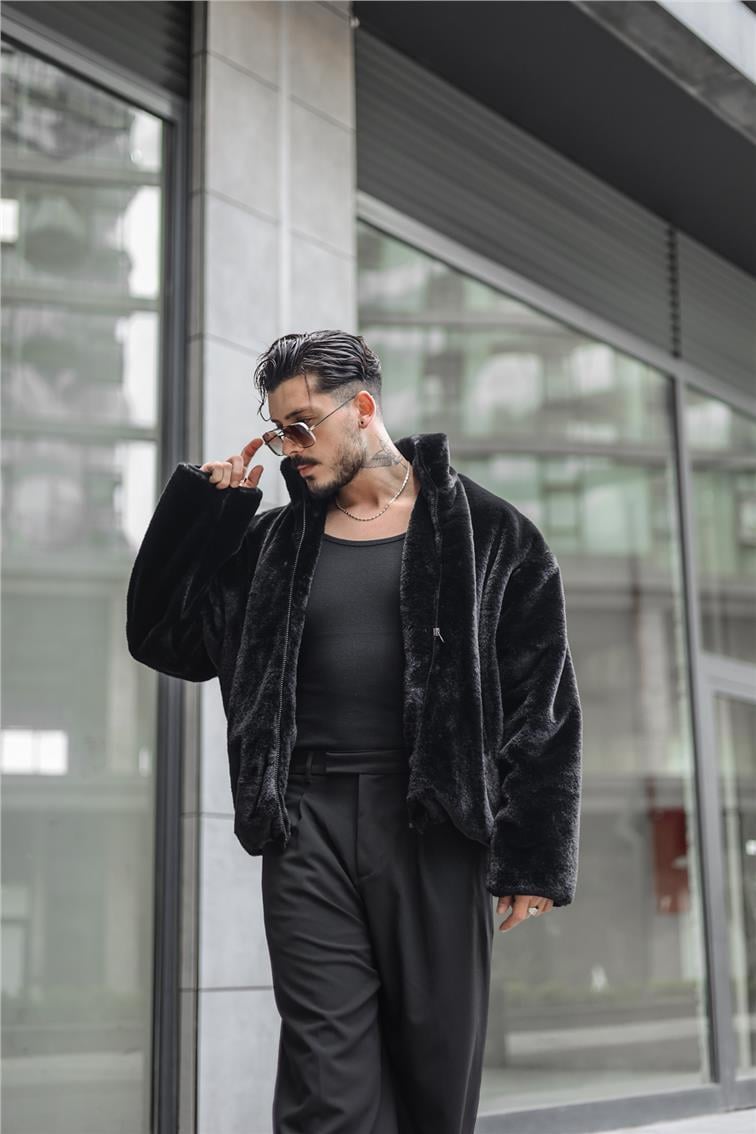 Kürk Oversize Mont Siyah