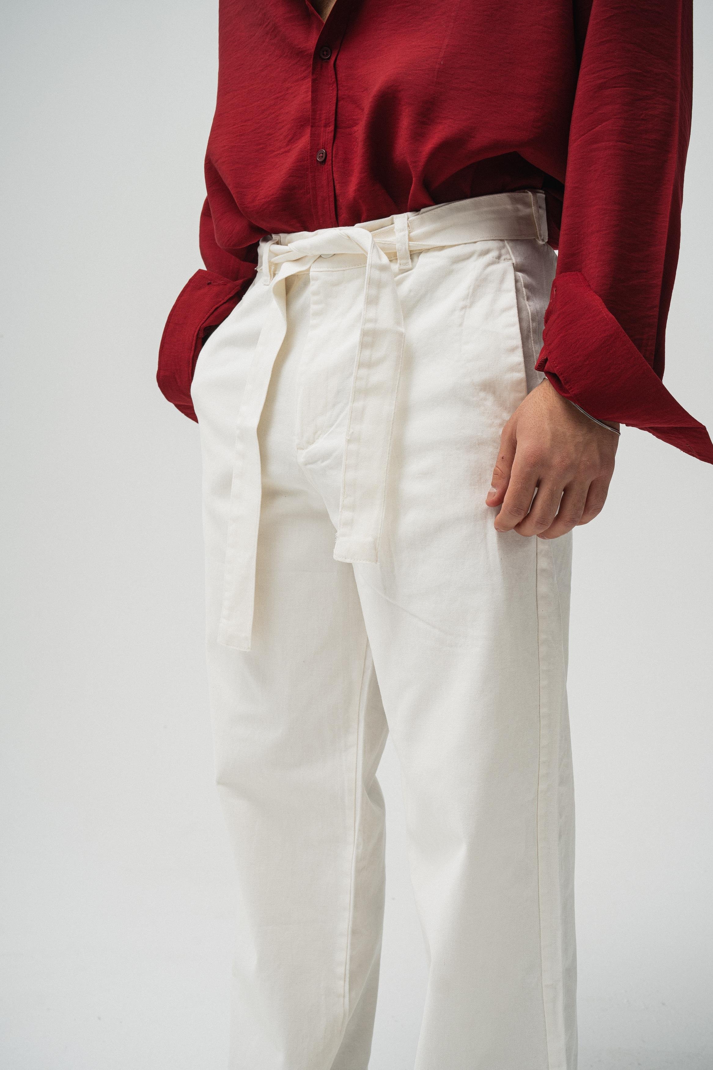 Kuşaklı Baggy Pantolon Beyaz