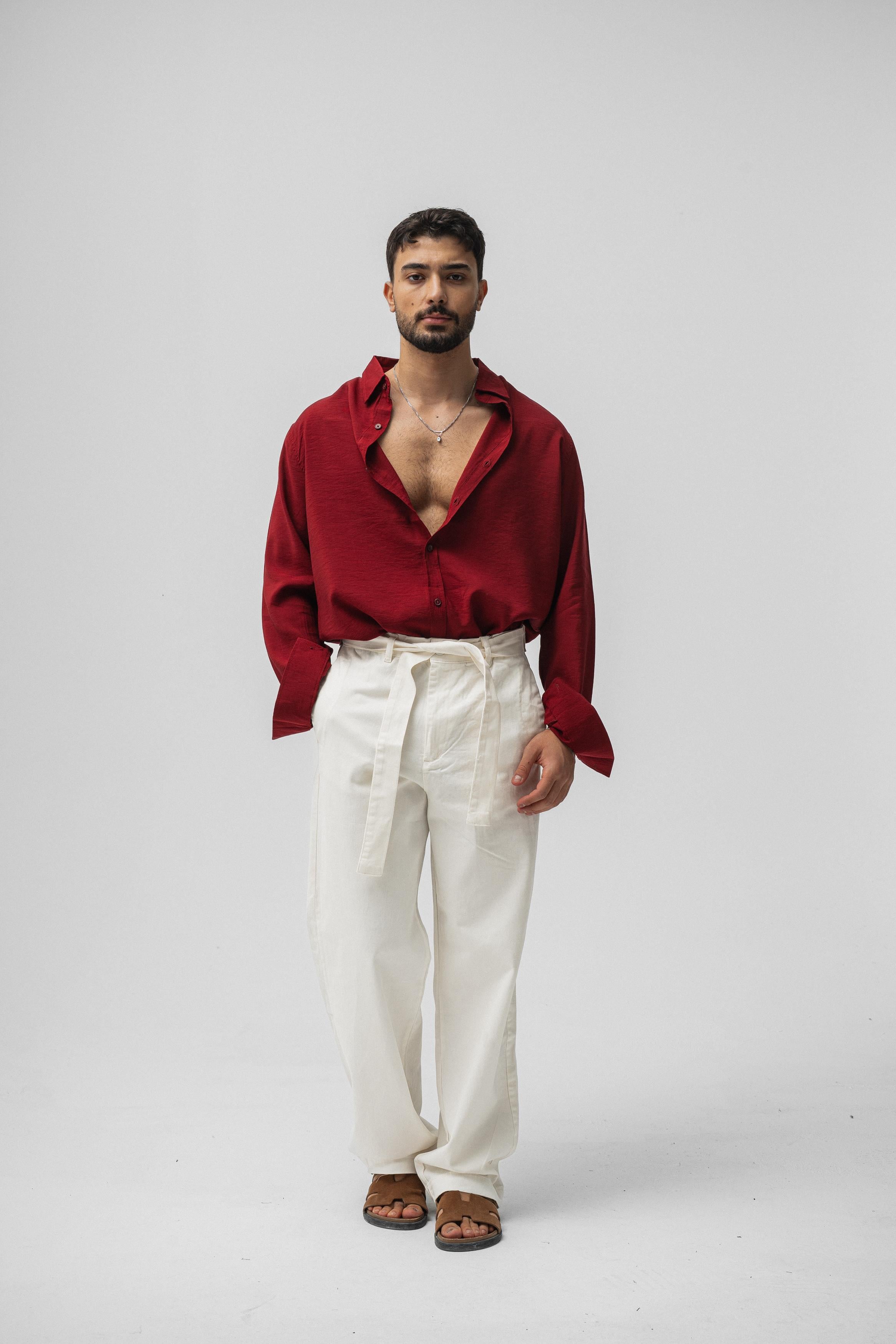Kuşaklı Baggy Pantolon Beyaz