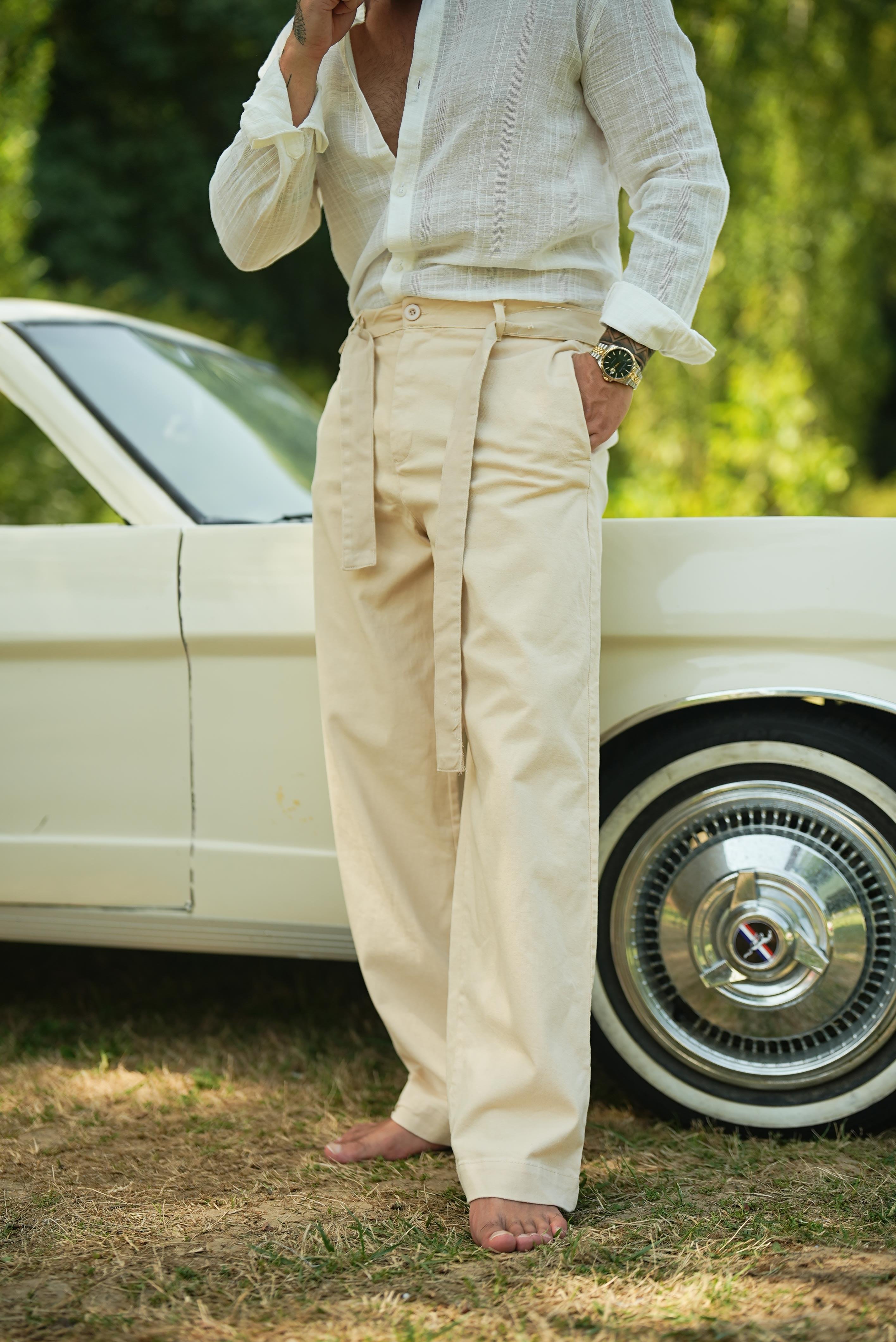 Kuşaklı Baggy Pantolon Krem