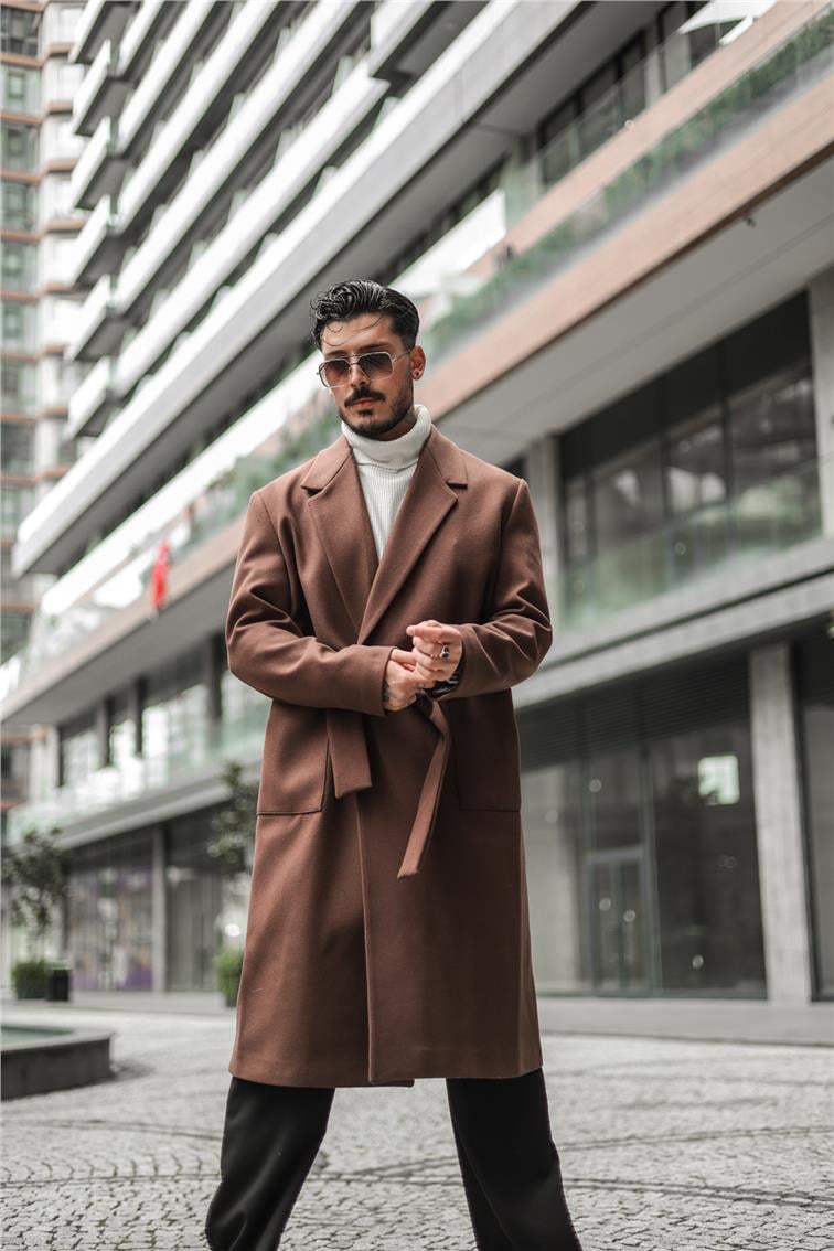 Kuşaklı Cep Detaylı Oversize Kaşe Kaban Kahve