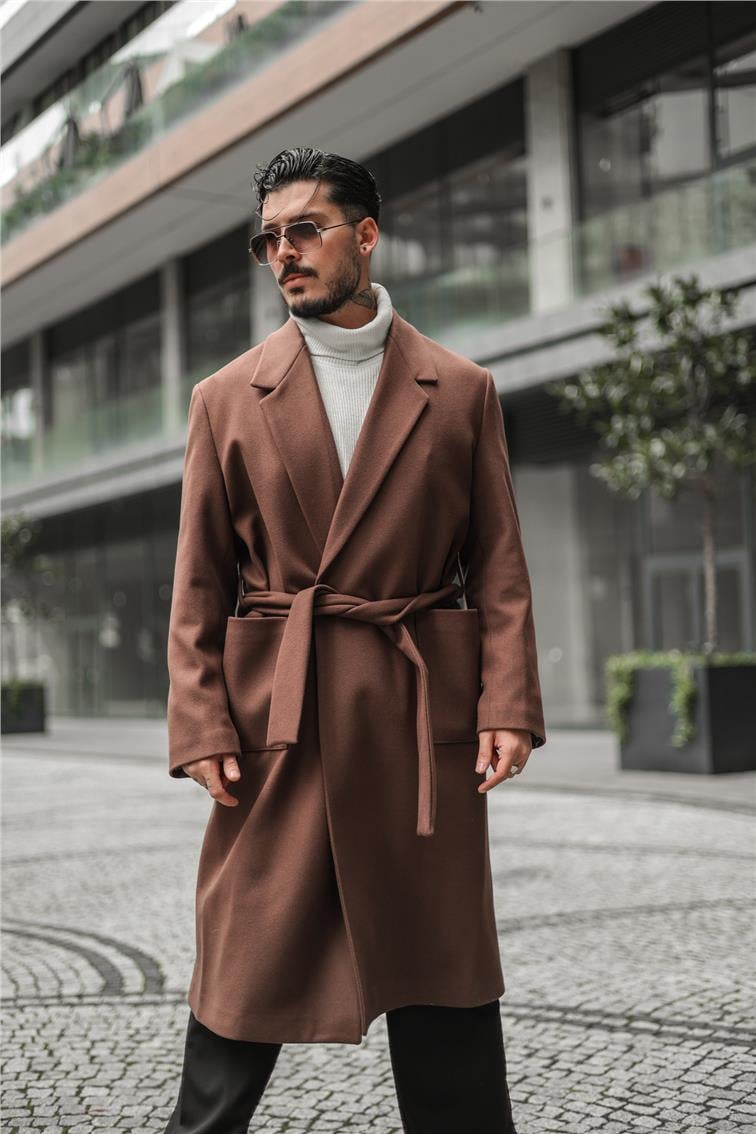 Kuşaklı Cep Detaylı Oversize Kaşe Kaban Kahve