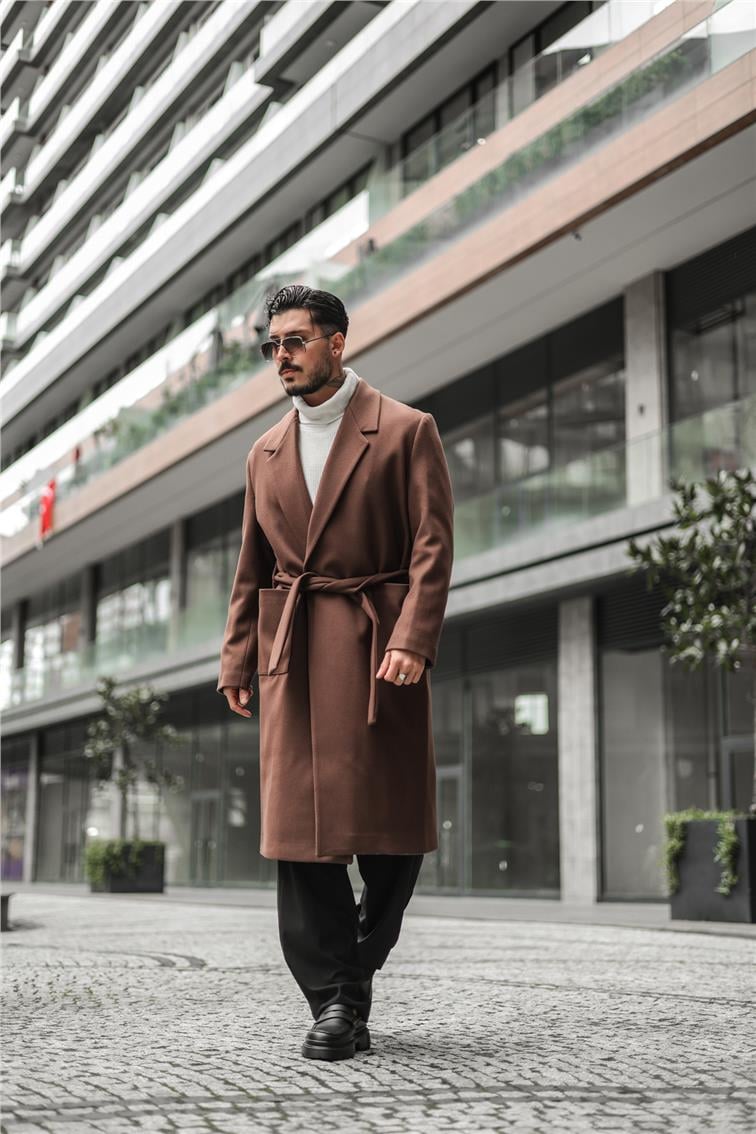 Kuşaklı Cep Detaylı Oversize Kaşe Kaban Kahve