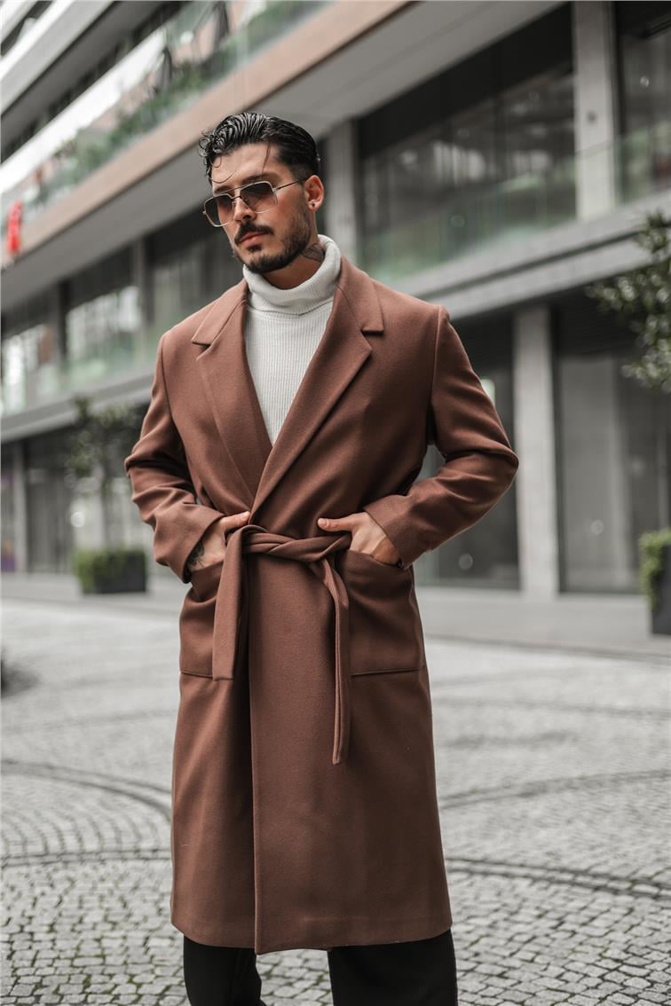 Kuşaklı Cep Detaylı Oversize Kaşe Kaban Kahve