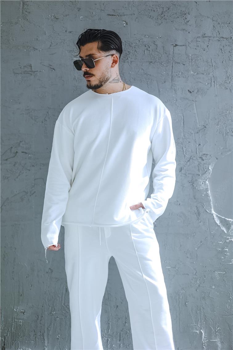 Lazer Kesim Çizgi Detay Oversize Sweatshirt Beyaz