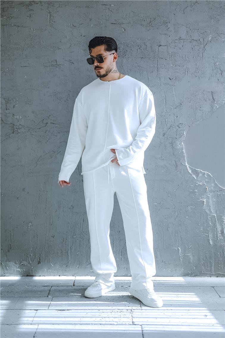 Lazer Kesim Çizgi Detay Oversize Sweatshirt Beyaz