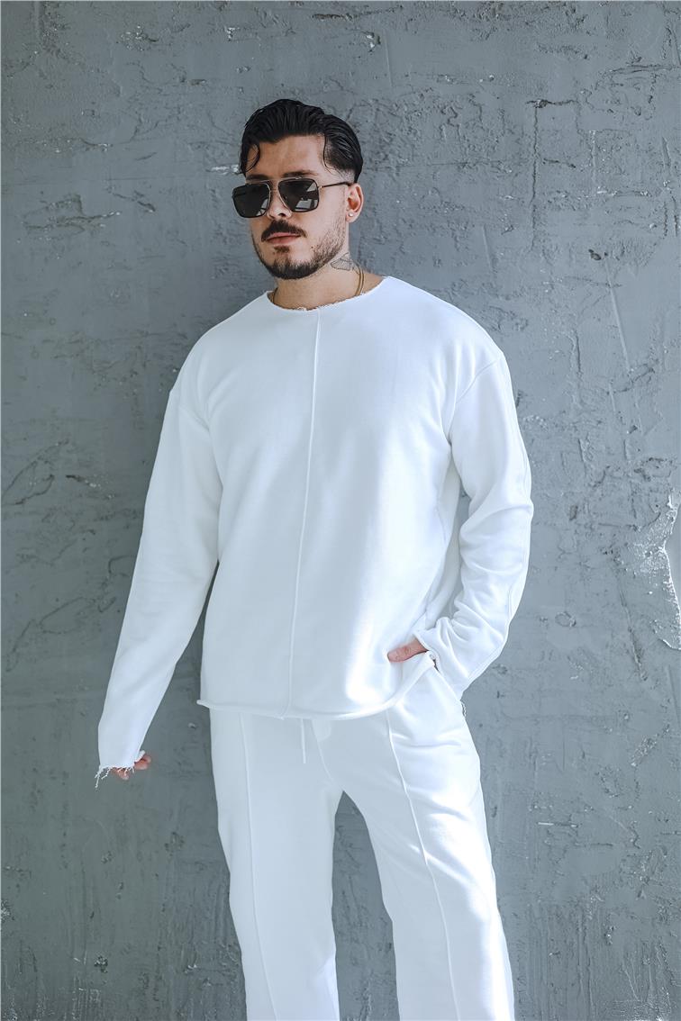 Lazer Kesim Çizgi Detay Oversize Sweatshirt Beyaz