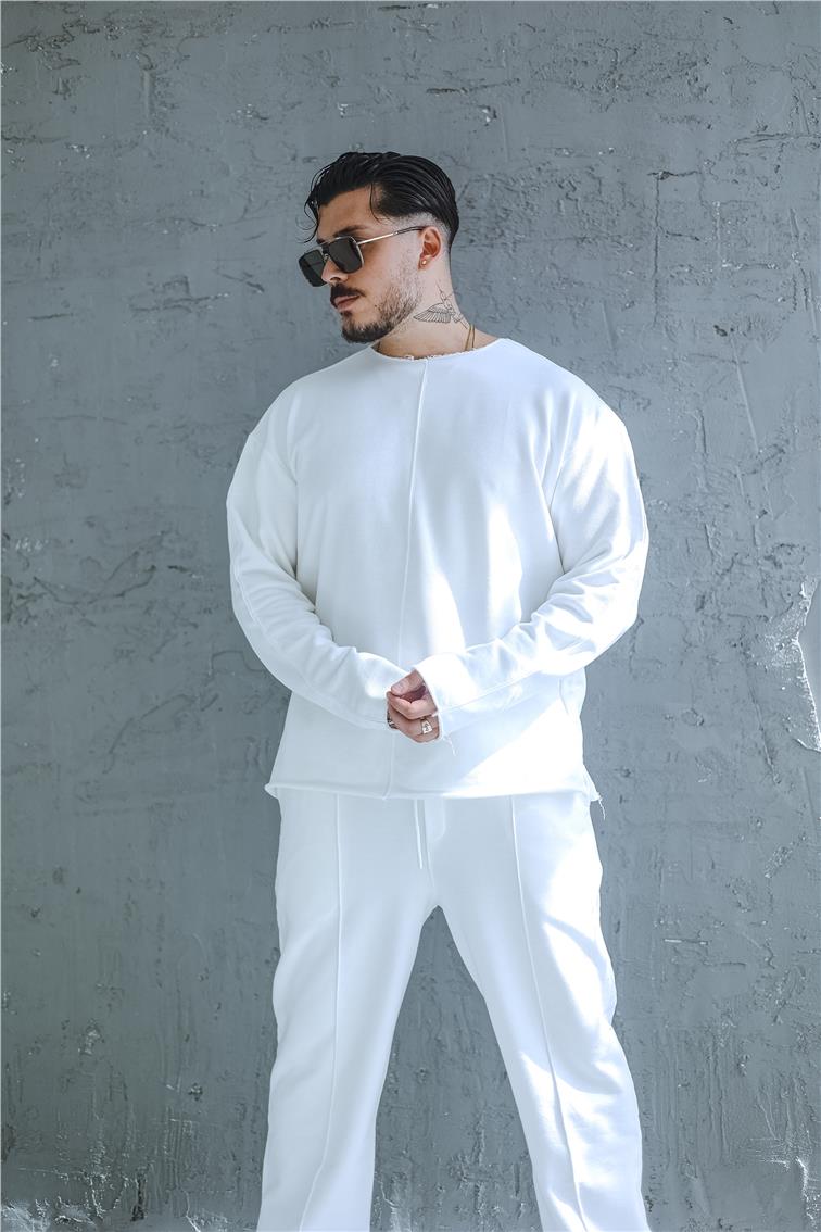 Lazer Kesim Çizgi Detay Oversize Sweatshirt Beyaz