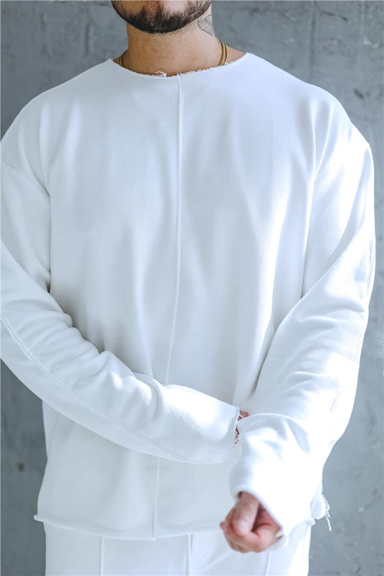 Lazer Kesim Çizgi Detay Oversize Sweatshirt Beyaz