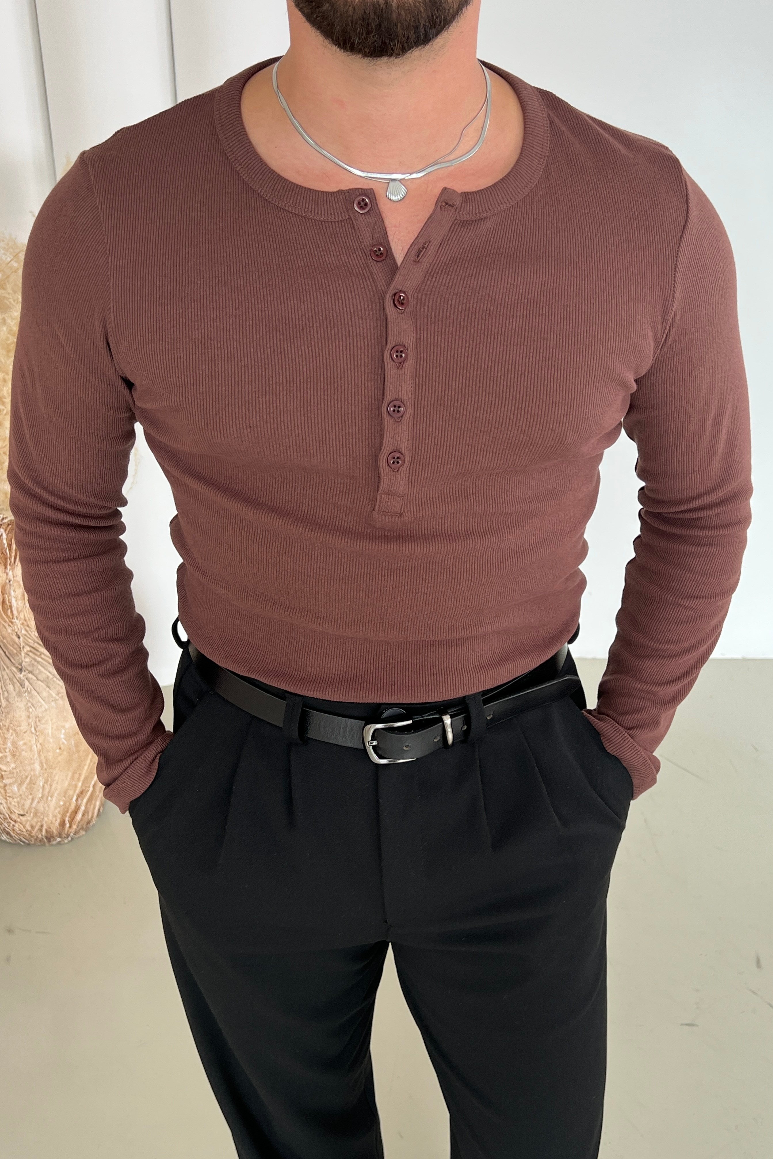 Lexy Düğme Kapamalı Hakim Slimfit Triko Kazak Kahve