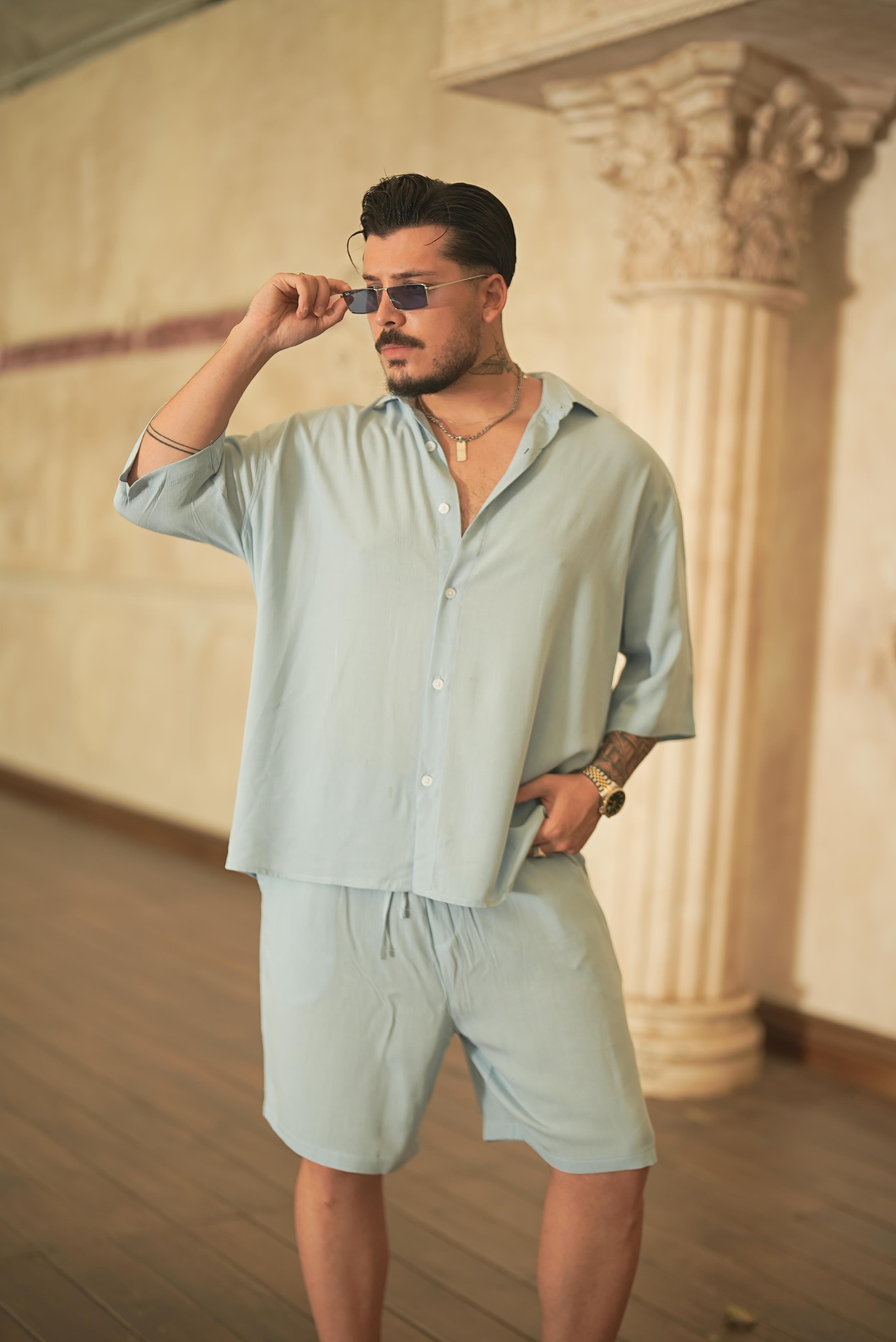 Light Kısa Kol Oversize Gömlek Açık Mavi