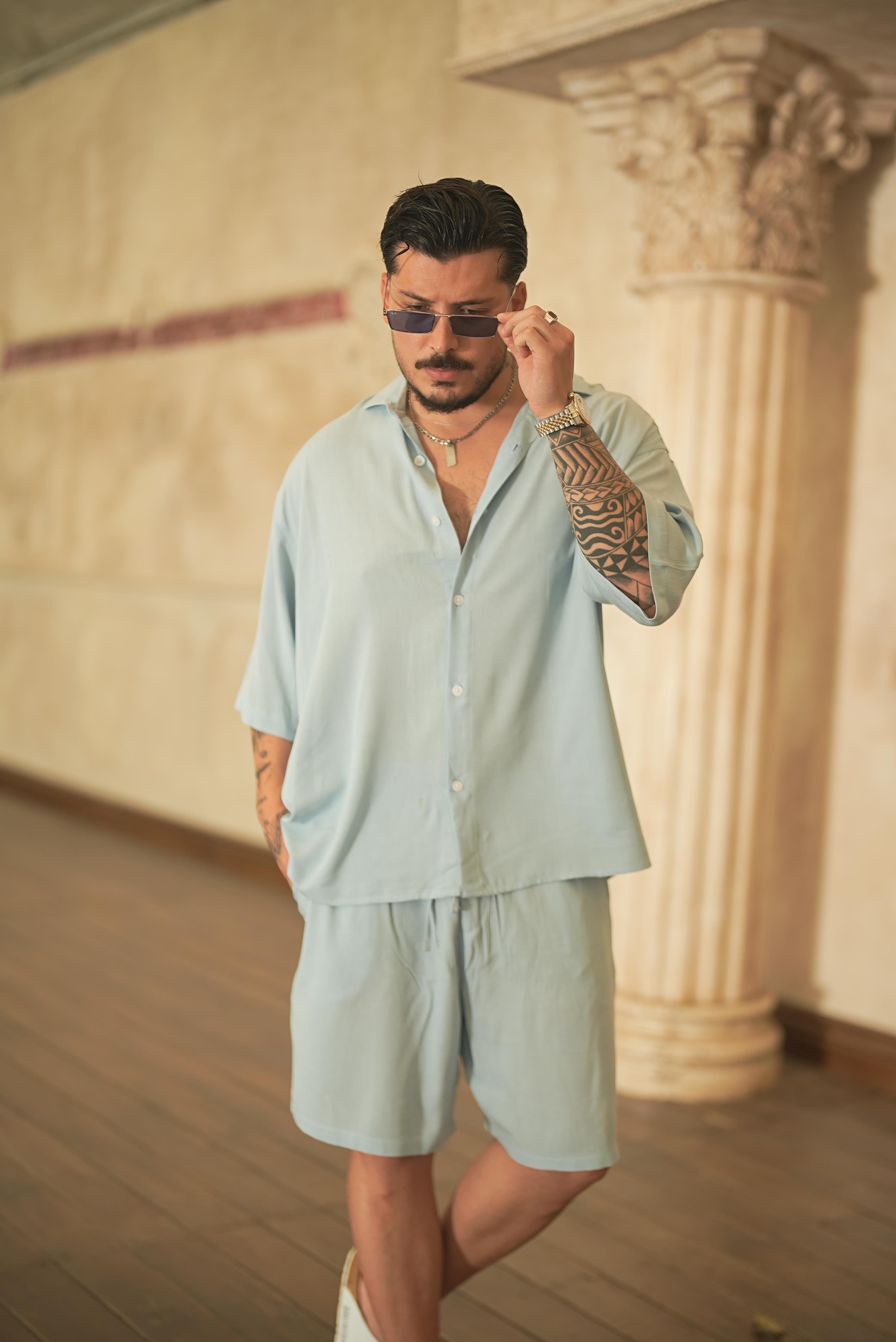 Light Kısa Kol Oversize Gömlek Açık Mavi