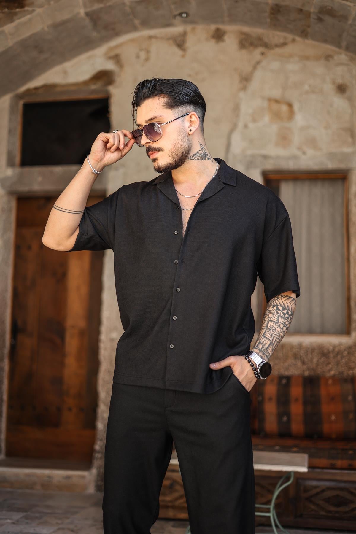 Likralı Basic Oversize Gömlek Siyah