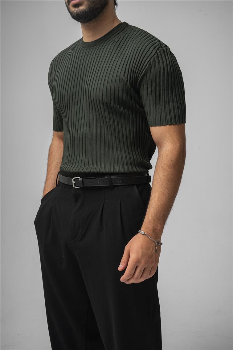 Likralı Loose Fit Ribbed T-Shirt Koyu Yeşil