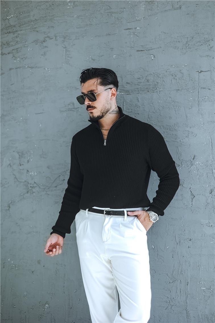 Likralı Örme Yarım Fermuarlı Slim Fit Kazak Siyah