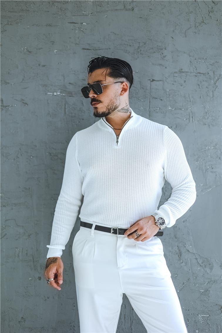Likralı Örme Yarım Fermuarlı Slim Fit Kazak Beyaz