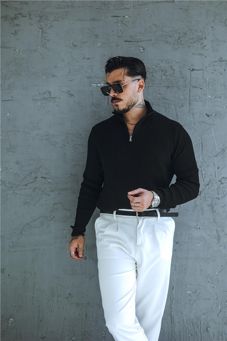 Likralı Örme Yarım Fermuarlı Slim Fit Kazak Siyah