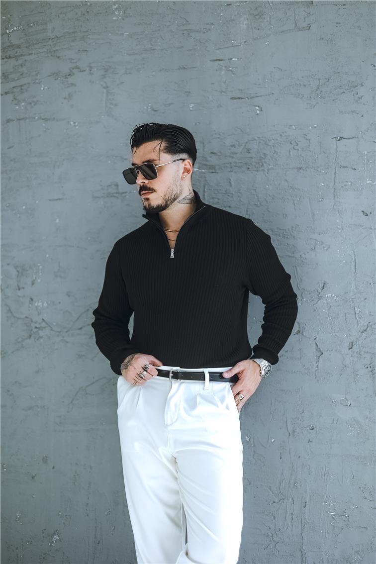 Likralı Örme Yarım Fermuarlı Slim Fit Kazak Siyah