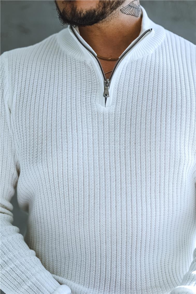 Likralı Örme Yarım Fermuarlı Slim Fit Kazak Beyaz