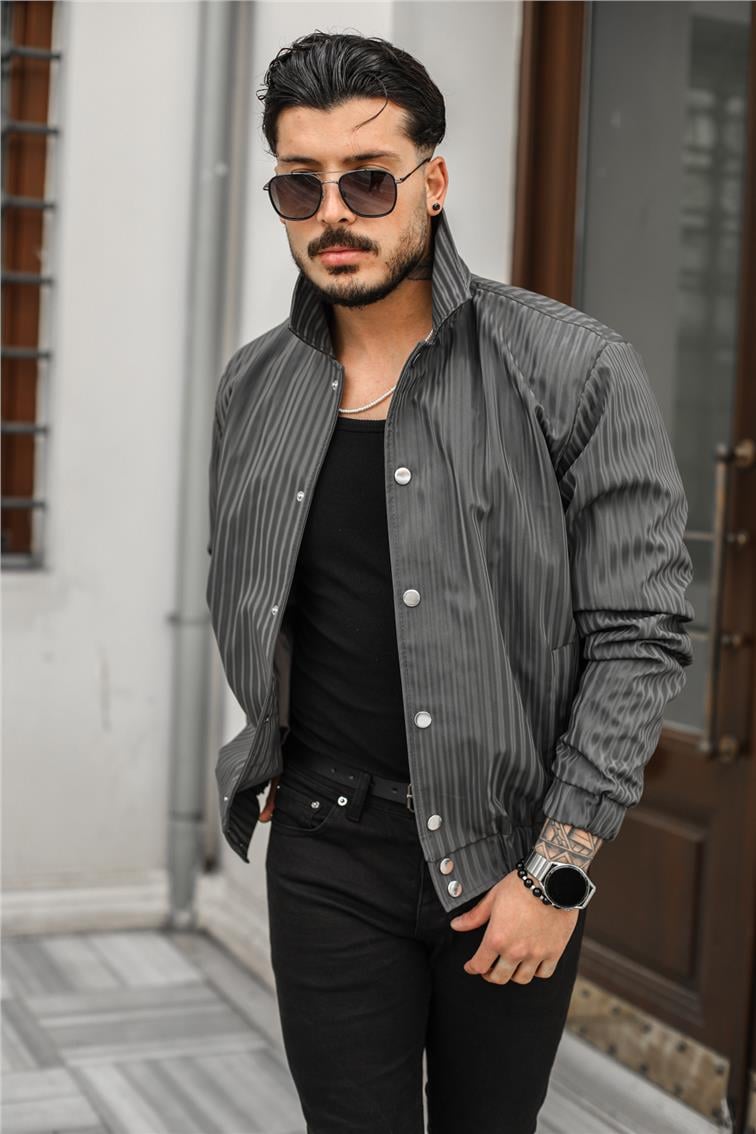 Line Detaylı Deri Oversize Ceket Kurşun