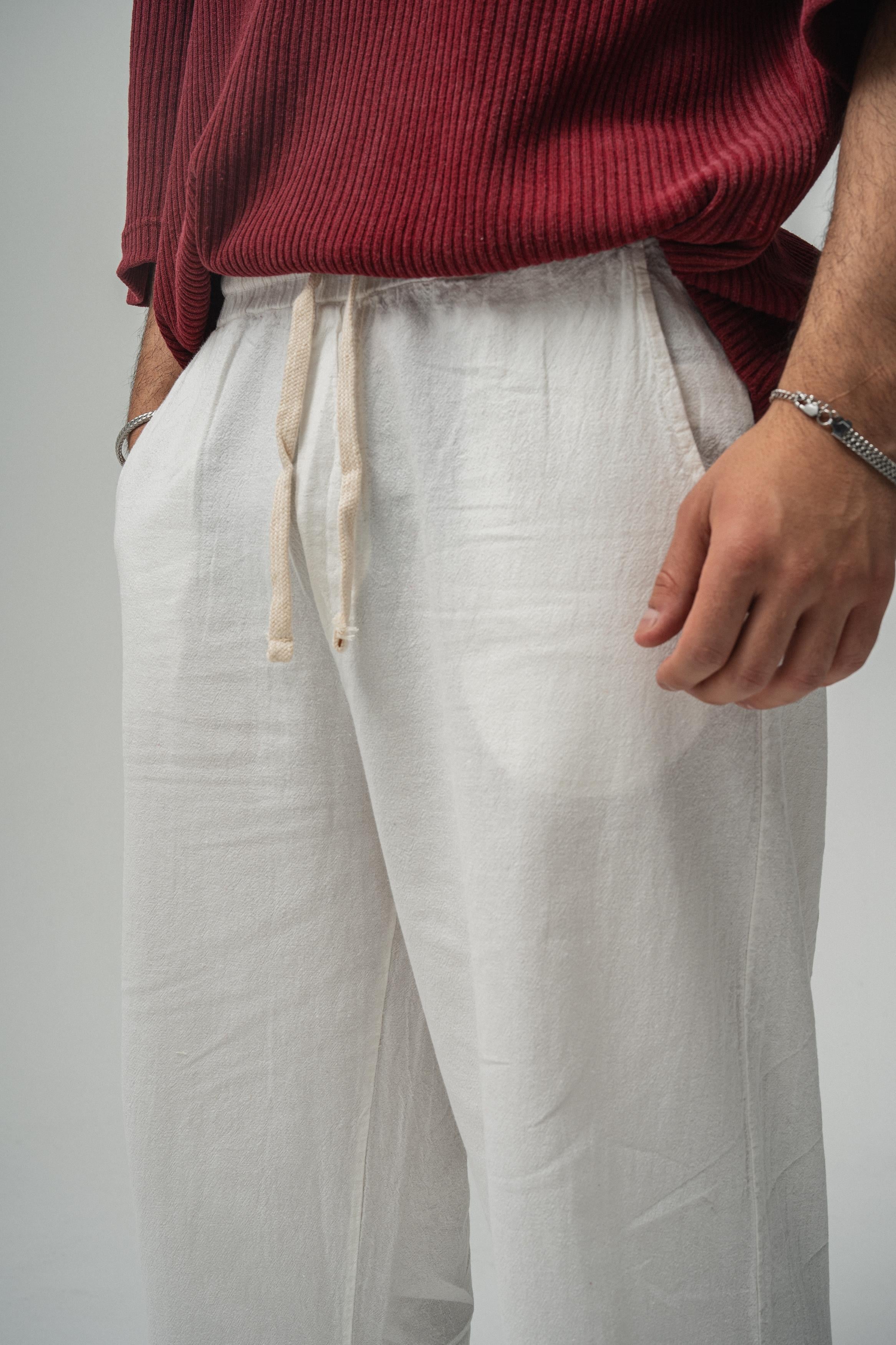 Linen Bel Bağlamalı Baggy Beyaz