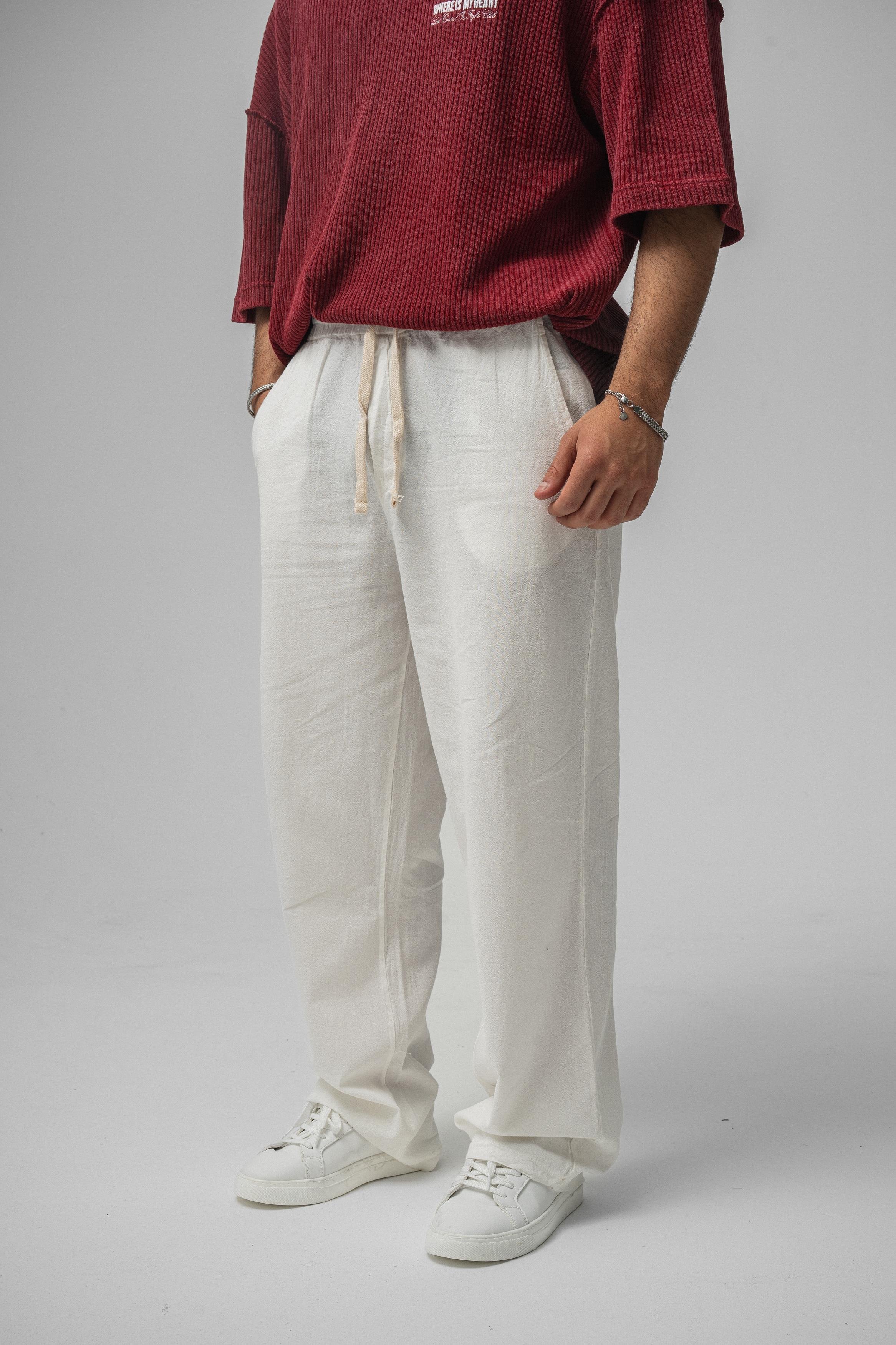 Linen Bel Bağlamalı Baggy Beyaz